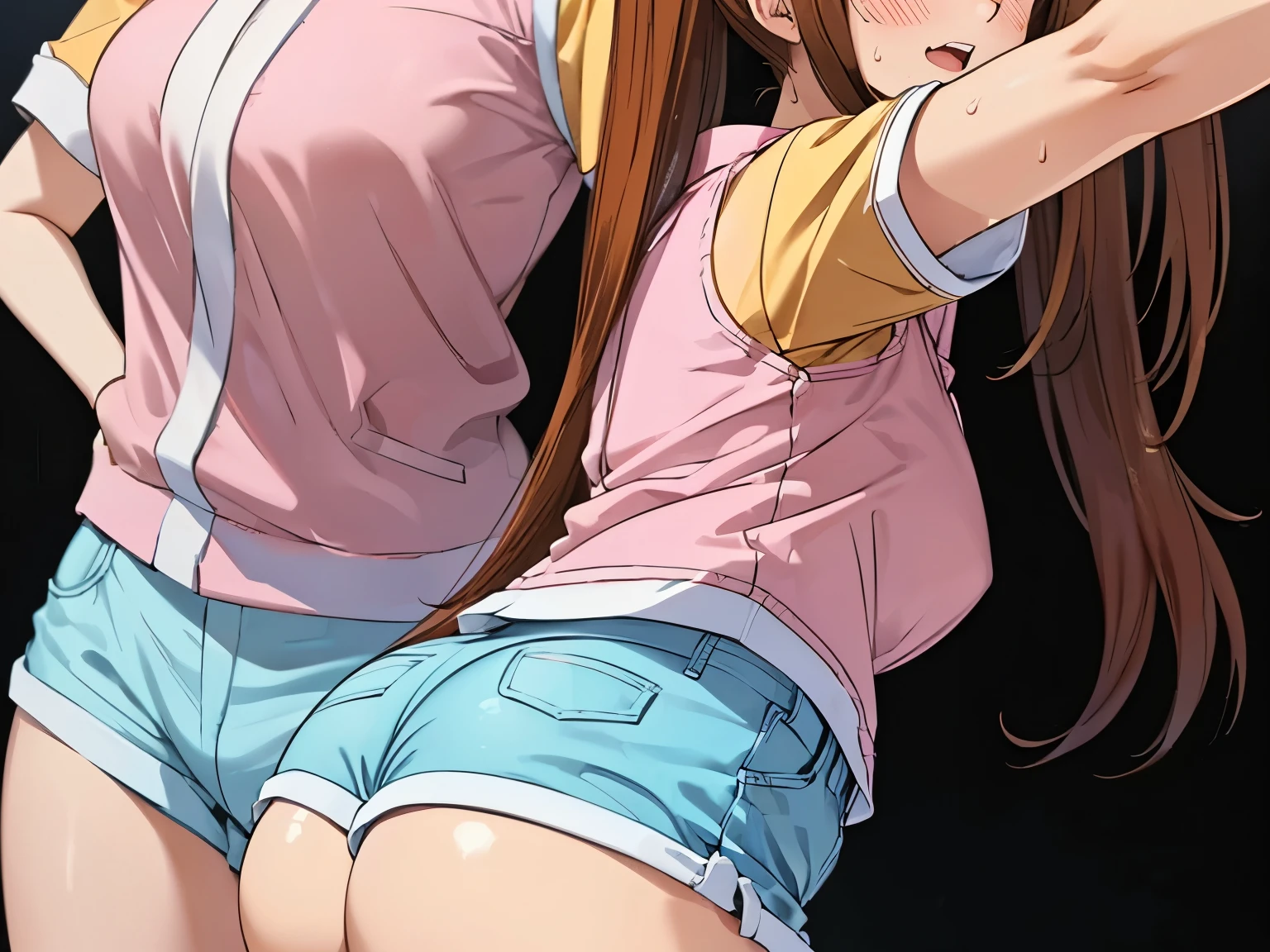 masterpiece, 1girl, best quality, high resolution, ro1, bun, blue eyes, twintails, beanie with visor, tights, raglan sleeves, yellow shorts, shirt, pink bow, wristwatch, from behind, (((close up ass))), big booty, mountain, bare belly, shiny skin, blush, sexy body, defined body, perfect eyes, big breast, tight-fitting clothes ass, sitting, solo, desk, ass focus, wide hips, (add_detail:0)