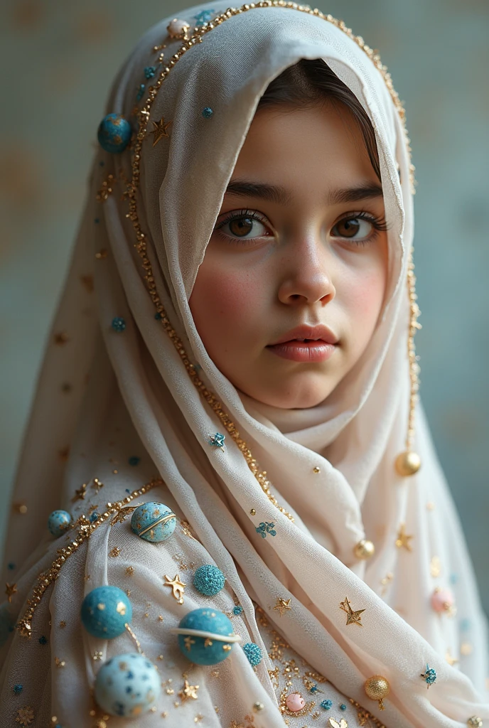 ((CRYING FACE EXPRESSION:1.2)), adorable, 1 girl, (face to face), 10 years old, baby face, half body portrait, (face details: 1), (eye details: 1), ((small breasts)). wearing transparent transparency soft long shirt, hijab .. Cute posed. proportional body. Ultra High Res. realistic: 1.4, UHD, (floral pattern), view from side seductive pose , ((lace pattern))