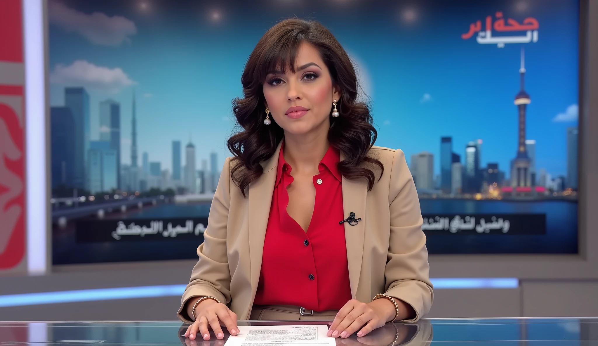 Writing letter "Al Jazeera News", with Al Jazeera TV logo mark, left upper screen, Front view, Full body, left sitting on chair, hands on table ,right big TV monitor in Al Jazeera NEWS, talking news, female news anchor, 1 beautiful Turkish women ,30-age, (dark brown curl middle hair, fringe, pearl earring hard make up,smile) ,(D cup breasts, middle hip), (red elegant blouse, beige one button Jacket, put micro mike), (beige middle skirt, black pantie stocking, brown hi heal) , paper on desk, Qatar Studio, back looking big monitor in foreign News video, with Arabic subtitles running at the bottom of the screen,(super detailed, High Details , High Quality , Accurate, anatomically correct , textured skin, beautiful fingers super detailed, High Details , High Quality , High Quality )