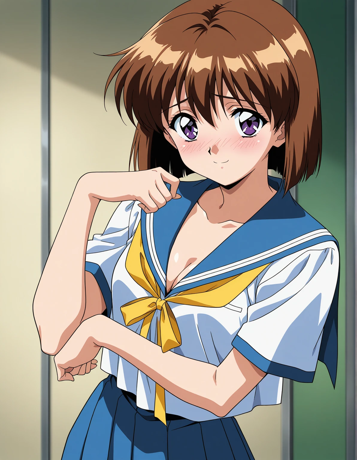 , tt_flat, milking machine, topless, topless, topless, Small breasts, Small breasts, Small breasts, amanogawaki, yellow hairband, , long sleeves, bowtie, white skirt, blue thighhighs, mary janes, Milking equipment, breast rub, Half-taken off school swimsuit, Nipples are visible through the bra, Nipples are visible through the bra, Nipples are visible through the bra, Large nipples, high quality, high detail, beautiful, high resolution, 8K, Super detailed, Anime-like,, Show me your armpits,Put your arms over your head,