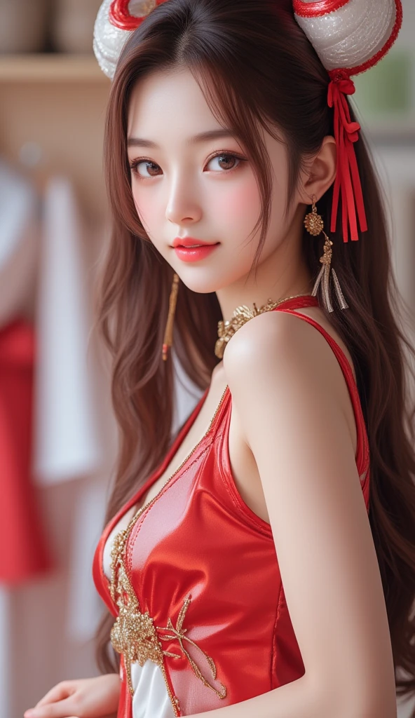 Woman wearing red and gold dress, flower background, palace, hanfu girl, wearing red cheongsam, chinese style, with ancient chinese costume, wearing ancient chinese costume, traditional beauty, Chinese Traditional, chinese girl, cheongsam, chinese costume, chinese princess, hanfu, chinese traditional clothing, chinese costume, 1 27-year-old girl, 1 zodiac goddess from the future, goddess of the pink and purple 12 zodiacs, the goddess of the zodiac in a yellow ao dai, a 12 zodiac ao dai with many black lace detail, mythology Goddess of the 12 zodiacs from the future, zodiac ♏, luxurious glittering zodiac style, dark and mysterious version, zodiac crown, lipstick lips red, thin and beautiful lips, mouth closed, characters made by karol bak and pino daeni, intricate detail, detailed background, extremely detailed, light magic, a woman, clear face, hair long with bangs, beautiful face in detail and well-proportioned eyes, (transparent yellow eyes: 1.8), big round eyes and very beautiful and detailed makeup, foresight, silk dress, mysterious makeup , double bangs and dyed light blonde , upper half portrait, zodiac goddess portrait, arms hanging loosely, Realistic and vivid photo, (stars make up the zodiac: 1.7), (sky background zodiac and fictitious space and time portal: 1.8), fiction art, RAW photo, hanfu picture, best photo, best photo quality, 8k quality, 8k ultra, super realistic, real photo most economical, the goddess poses sexy and seductive,