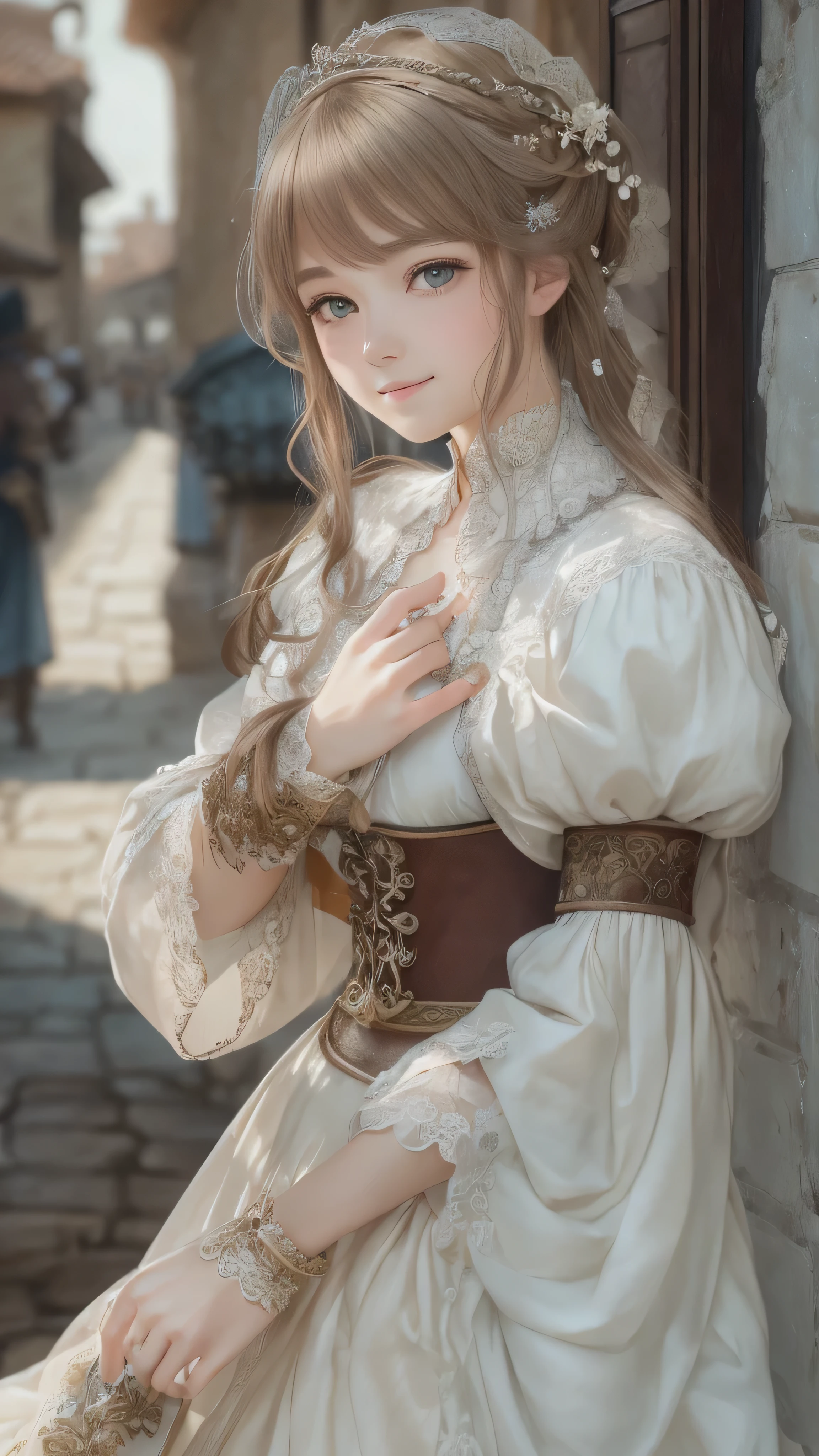 in high definition,oil、The daughter of a famous medieval European family, top quality, shape, very detailed, finely, high resolution, 8k wallpaper, PERFECT DYNAMIC SHAPE, beautiful and delicate eyes, Natural Lips, long eyelashes, heavy makeup, smiles, White Floral Dress , Face Details , Chest, random pose, whole body、Whole body highdefinition pictures、 look at the camera 、Suburban Homes 、 Medieval European Streetscapes。