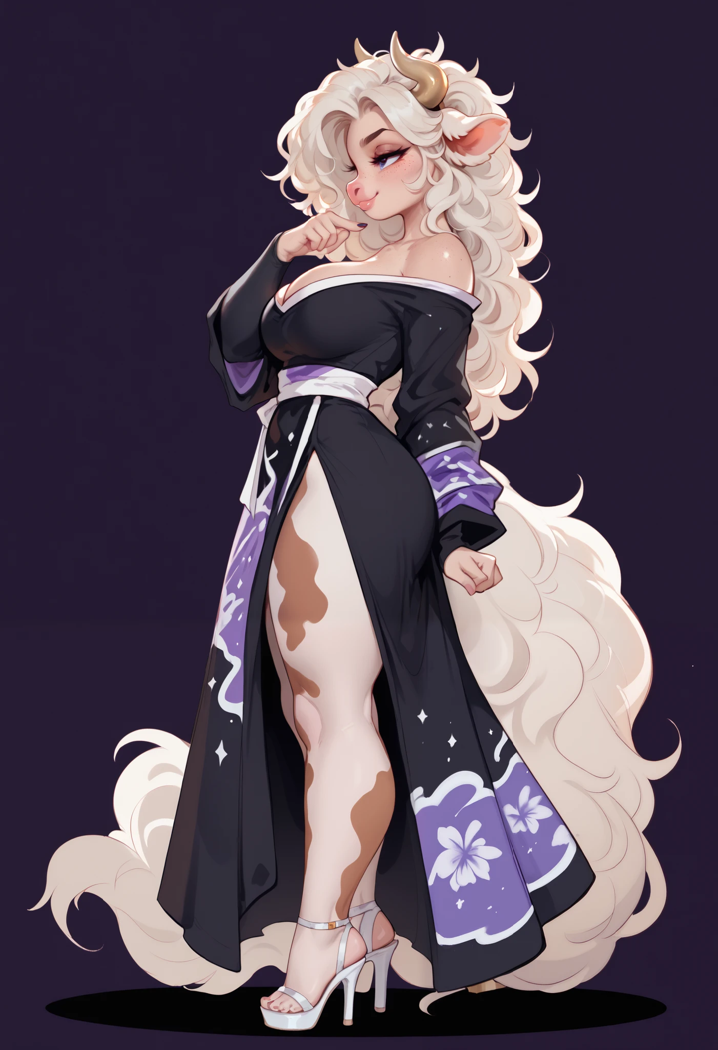 (solo) female anthro cow, long fluffy hair, cow, big breasts, attractive,off shoulder kimono dress, fit body, cow tail,, thicc, freckles, freckles on face, smug eyes, (mad expression), she is standing look to the right, violet background, simple background, thick thighs (side view) high heels