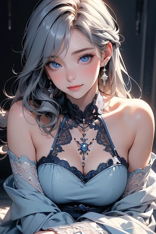 Young girl, long light blue hair, purple eyes, smirk, purple princess dress, chest neckline, masterpiece, high quality
