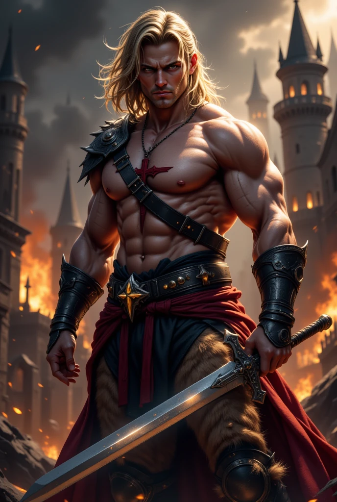 (((Solo character image.))) (((Generate a single character image.))) (((Dressed in medieval fantasy attire.))) (((Very sexy facial expression.))) Generate a male fantasy character who is a good looking, handsome criminal. He is a shifty and suspicious individual who is untrustworthy and somewhat sinister. But he is a confidence trickster. Shoulder-length blond hair. He looks like a dangerous man. Handsome. Intense stare. He looks like a very sexy male villain for a fantasy setting. (((Sexually attractive.))) (((Looks like a sexy, muscular male model for a fantasy setting.)))