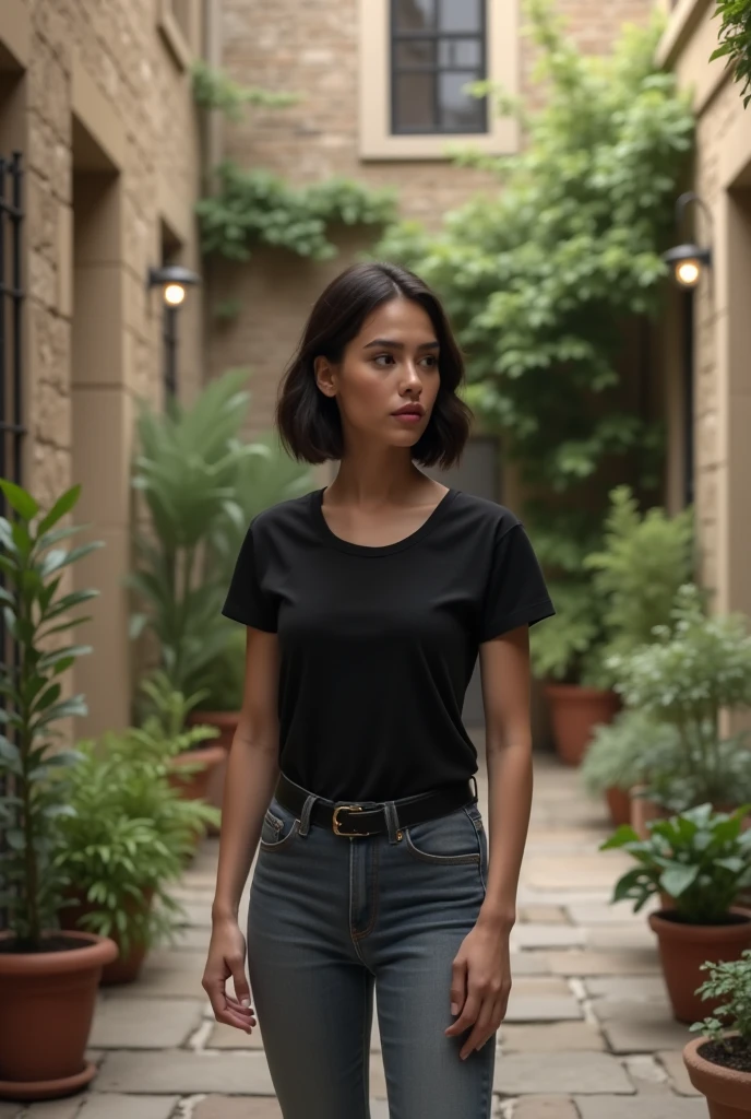 1 handsome and beautiful overweight Indian woman, medium brown skin tone, smirking with short brown hair half body shot wearing a black t-shirt and jeans