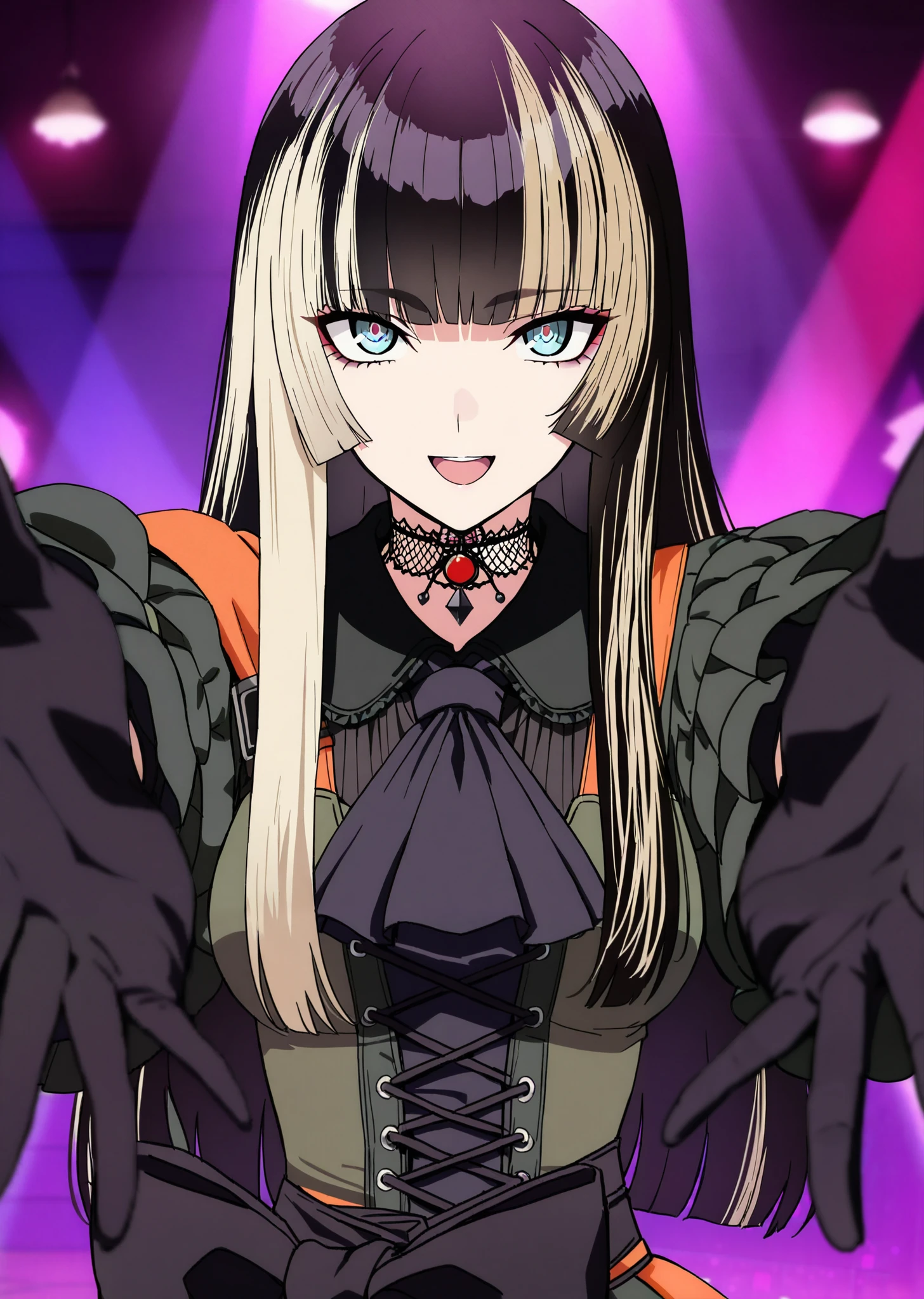highres,depth of field,newest,official style,anime coloring,anime screencap,Anime,(best quality),(highly detailed),((masterpiece)),((best quality)),(ultra-detailed),((extremely detailed)),(high resolution),4K,(8K),best quality,(beautiful),(dynamic lighting),(super detailed skin),sharp focus,(source_anime,(masterpiece:1.2),best quality,very aesthetic),masterpiece,best quality,very aesthetic,1girl,source_anime,rating_explicit,incredibly absurdres,absurdres,juufuutei raden,black hair,multicolored hair,long hair,hime cut,choker,black ascot,multicolored dress,black dress,green dress,frills,black bow,waist bow,long sleeves,black gloves,smile,reaching,outstretched_arms,open mouth,bar,