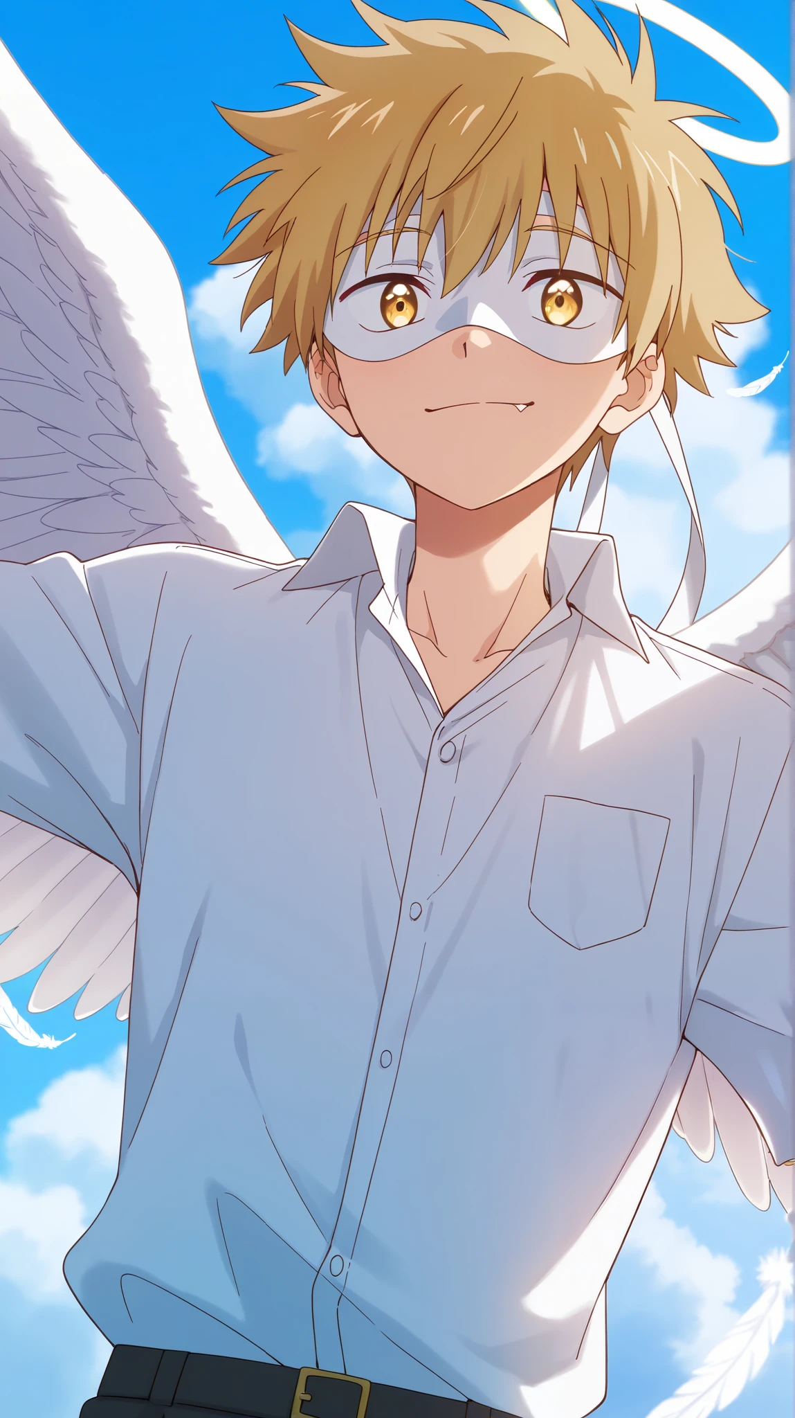 Full pure White hero masked men anime, solo,white shirt,white mask,white eye mask,angel,1boy,mysterious grin,fang out,male focus,big white angel wing,angel halo,golden eyes,day sky clouds heaven background,inuzuka shuu, blonde,male focus,playful,white feathers effect, male focus,light smile, Sunshine,