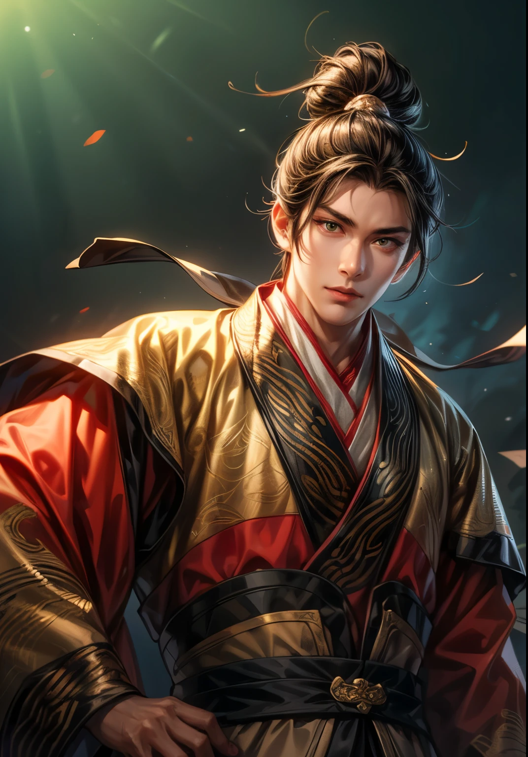 Han Dynasty Landscape、Three Kingdoms、Full Body、(Highest quality,4K,8k,High resolution,masterpiece:1.2)、Very detailed, High resolution,hyper HD、Studio Lighting、Ultra-fine painting、 Sharp focus、 Physically Based Rendering、 Very detailed explanation、 Professional、 Vibrant colors、Traditional Chinese Painting Techniques、 Atmospheric lighting、 Vivid color contrast、Very detailed目と顔、 Beautiful attention to detail、 Light on the face、young man wearing black Hanfu、(Hanfu: 1.2)、Eyes are green, perfect body, (((ung man)))、anatomically correct、Dynamic Pose、