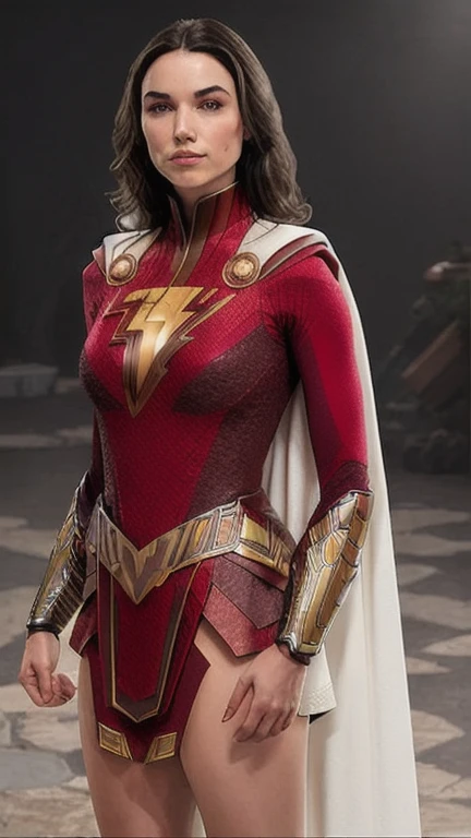 professional portrait photo of Grccrlncrry woman, looking at the camera, highly detailed, skin texture, cosplaying as Mary Marvel. Busty chest costume, fighting pose.