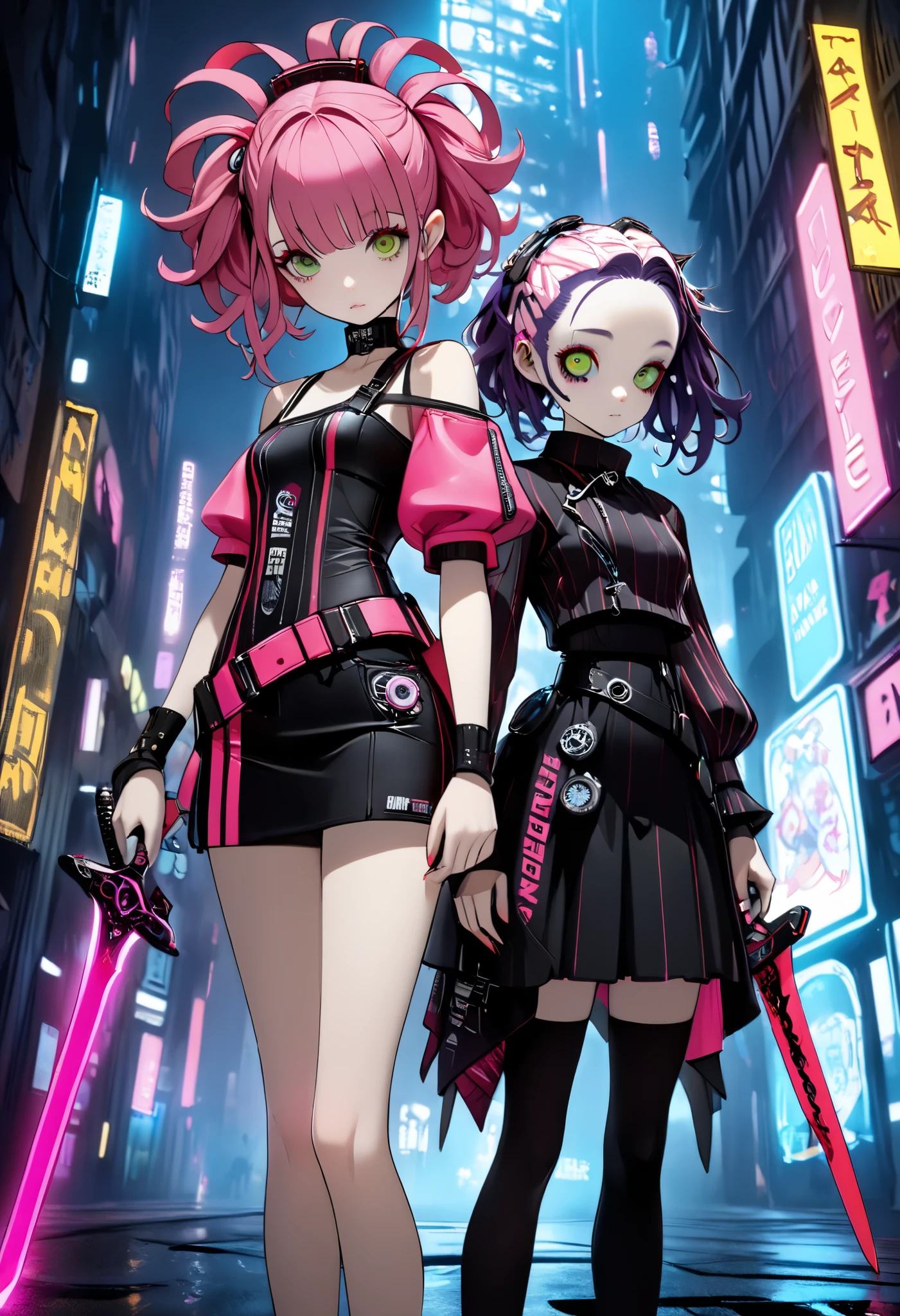 High Definition, masterpiece, Accurate, top quality, High Definition model, high detail, (((The textures are soft))), ((matte and toy-like with a handmade premium look)), (((Tim Burton style))), Dark, Cyberpunk girls, ((She's holding a long, thin sword and is about to cut me down.)), Pop costumes inspired by Harajuku, Bold colors and patterns, eye-catching accessories, Trendy and innovative hairstyles, bright makeup, Cyberpunk dazzling cityscape, skyscraper, neon sign, led lights, Bright and vivid color scheme, The pink color stands out, 