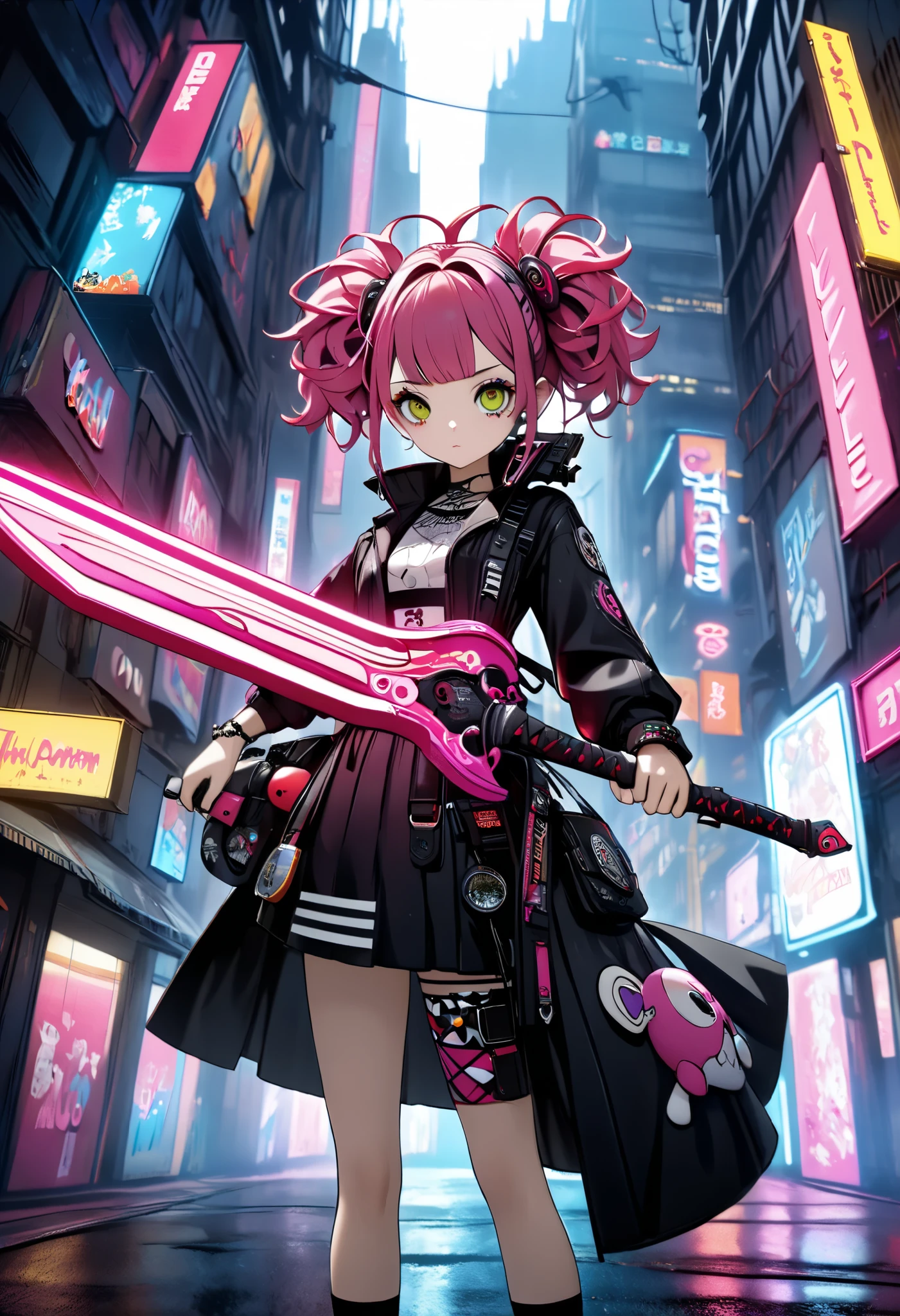 High Definition, masterpiece, Accurate, top quality, High Definition model, high detail, (((The textures are soft))), ((matte and toy-like with a handmade premium look)), (((Tim Burton style))), Dark, Cyberpunk girls, ((holding sword, hold horizontally, battle stance)), Pop costumes inspired by Harajuku, Bold colors and patterns, eye-catching accessories, Trendy and innovative hairstyles, bright makeup, Cyberpunk dazzling cityscape, skyscraper, neon sign, led lights, Bright and vivid color scheme, The pink color stands out,
