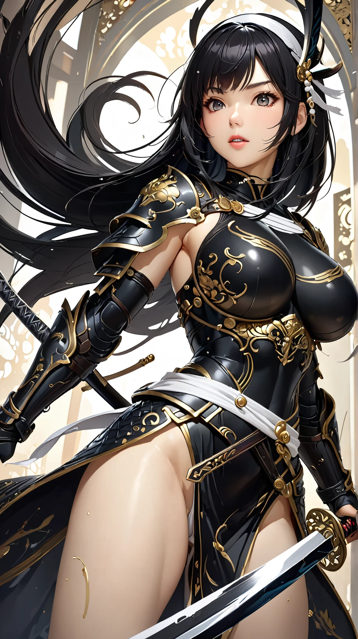 Woman, 1girl,warrior, holding a katana, Blue eyes, red lips, Black armor with Golden details, full body, very aesthetic, natural light, intricate, masterpiece, absurdres, best quality, extremaly detailed eyes, gothic, ((long hair)), ((black hair)), ((underboobs)),