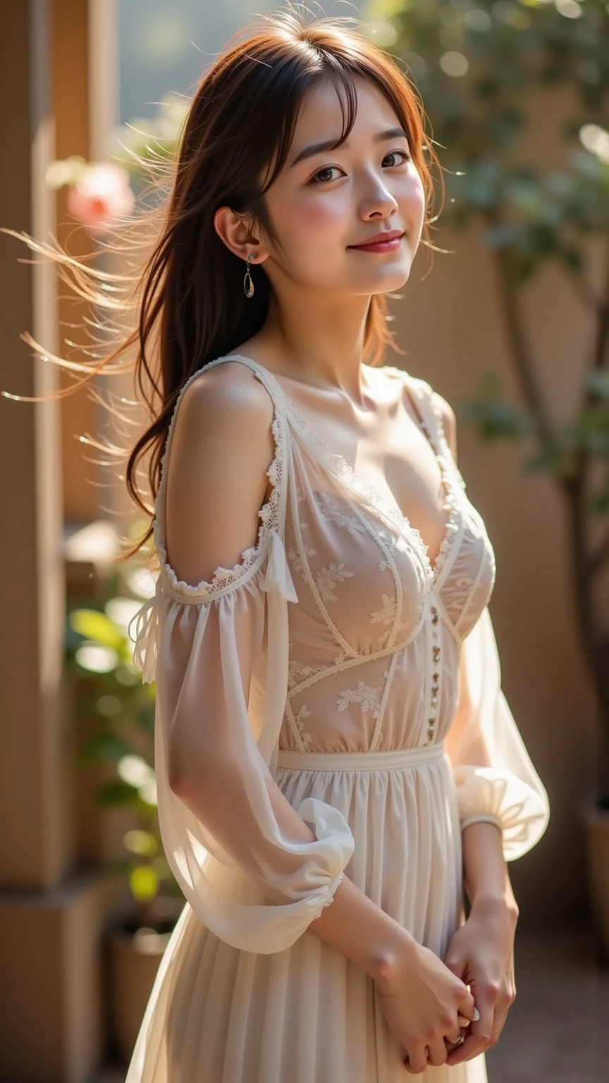 ((Highest quality, 8k, masterpiece: 1.3)), sharp: 1.2, Perfect Body Beauty: 1.6, ((Layered Hairstyles, Small breasts: 2.0)), (white lace dress: 2.0, Off-the-shoulder dress: 2.0, Dresses with visible breasts: 2.0), ((long hair: 2.0)), ((necklace)), Earrings, ring, Bracelet, Hair Accessories, ((Beautiful young teenager woman)), ((Straight nose)), (Eyeliner), Armpit Hair, Bristles, ((White and beautiful skin)), Wavy Hair, Beautiful attention to detail, Super detailed, Highly detailed face and skin texture, fine grain, double eyelid, Black Hair, Big Ass, Lower Body, Thighs, (((Skinny))), Wet and shiny lips, smile, Get a grip on your body, ((Anatomically correct human body)), ((Crisp body shape)), Ribs, clavicle, Protruding skeleton, A face without nasolabial folds, Shyness, Thin eyebrows, Big eyes, (shoot from side: 1.0), (Narrow shoulders: 2.0), (Smile: 1.0)