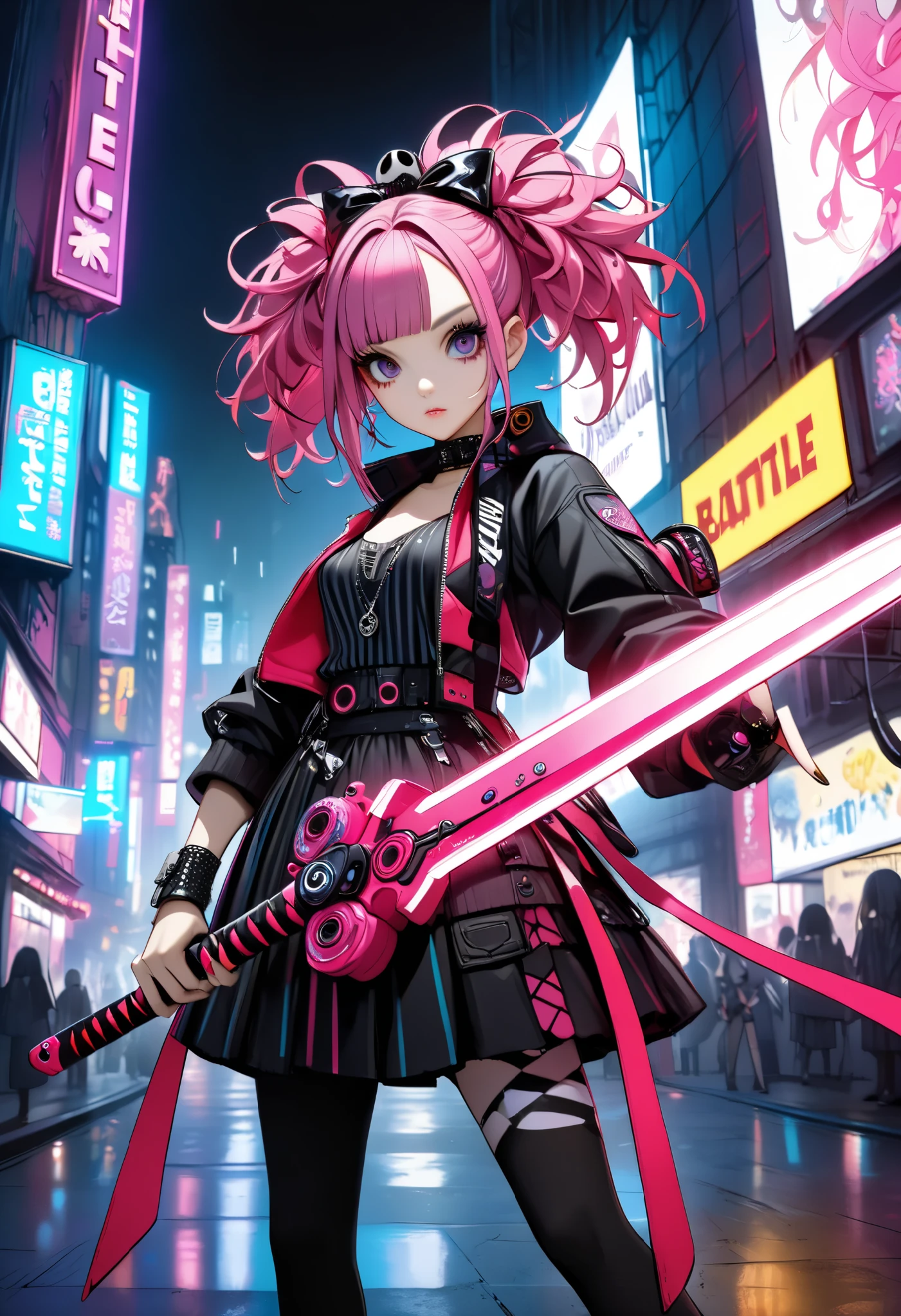 High Definition, masterpiece, Accurate, top quality, High Definition model, high detail, (((The textures are soft))), ((matte and toy-like with a handmade premium look)), (((Tim Burton style))), Dark, Cyberpunk girls, ((holding sword, hold horizontally, battle stance)), Pop costumes inspired by Harajuku, Bold colors and patterns, eye-catching accessories, Trendy and innovative hairstyles, bright makeup, Cyberpunk dazzling cityscape, skyscraper, neon sign, led lights, Bright and vivid color scheme, The pink color stands out, 
