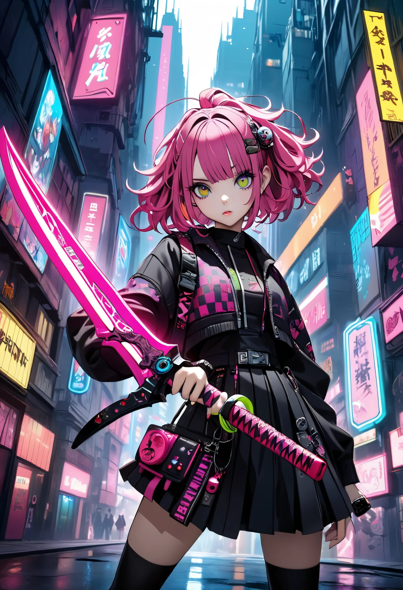 High Definition, masterpiece, Accurate, top quality, High Definition model, high detail, (((The textures are soft))), ((matte and toy-like with a handmade premium look)), (((Tim Burton style))), Dark, Cyberpunk girls, ((holding sword, hold horizontally, battle stance)), Pop costumes inspired by Harajuku, Bold colors and patterns, eye-catching accessories, Trendy and innovative hairstyles, bright makeup, Cyberpunk dazzling cityscape, skyscraper, neon sign, led lights, Bright and vivid color scheme, The pink color stands out,