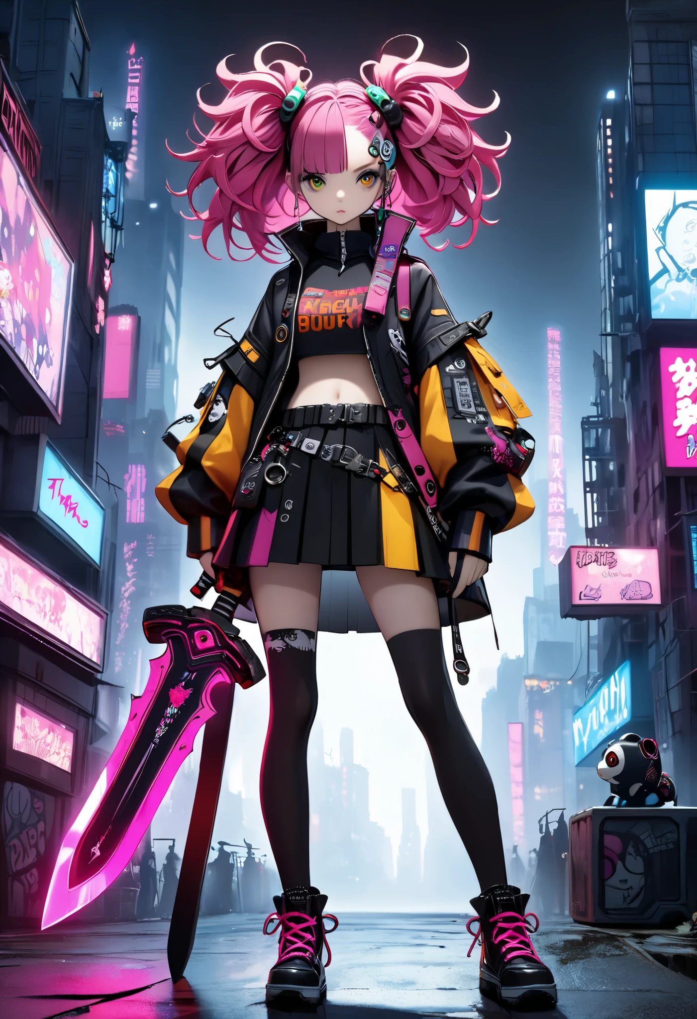 High Definition, masterpiece, Accurate, top quality, High Definition model, high detail, (((The textures are soft))), ((matte and toy-like with a handmade premium look)), (((Tim Burton style))), Dark, Cyberpunk girls, ((holding sword, hold horizontally, battle stance)), Pop costumes inspired by Harajuku, Bold colors and patterns, eye-catching accessories, Trendy and innovative hairstyles, bright makeup, Cyberpunk dazzling cityscape, skyscraper, neon sign, led lights, Bright and vivid color scheme, The pink color stands out,