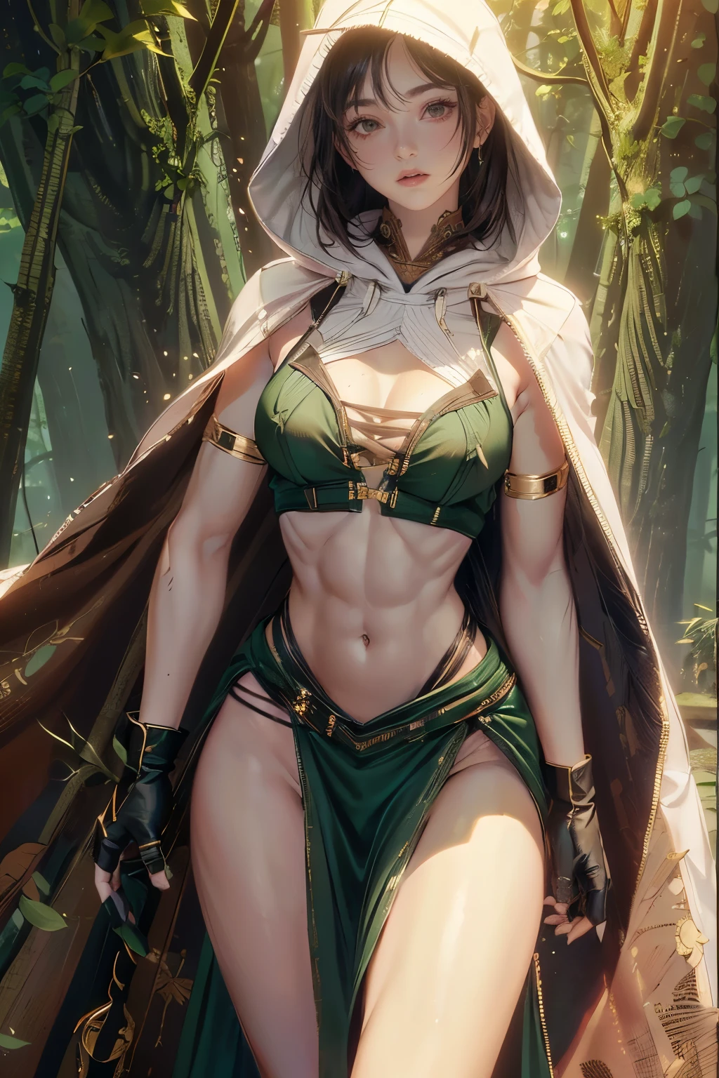 One girl, young girl, curvy, wide hips, pale face, muscular, abs, biceps, triceps, breast cover leaf stickers, loincloth, belly cutout, wide hips, high waist slit, (small breasts), (( hooded cloak)), ((tactical gloves)), glow particles, forest, heterochromia, different colour eyes