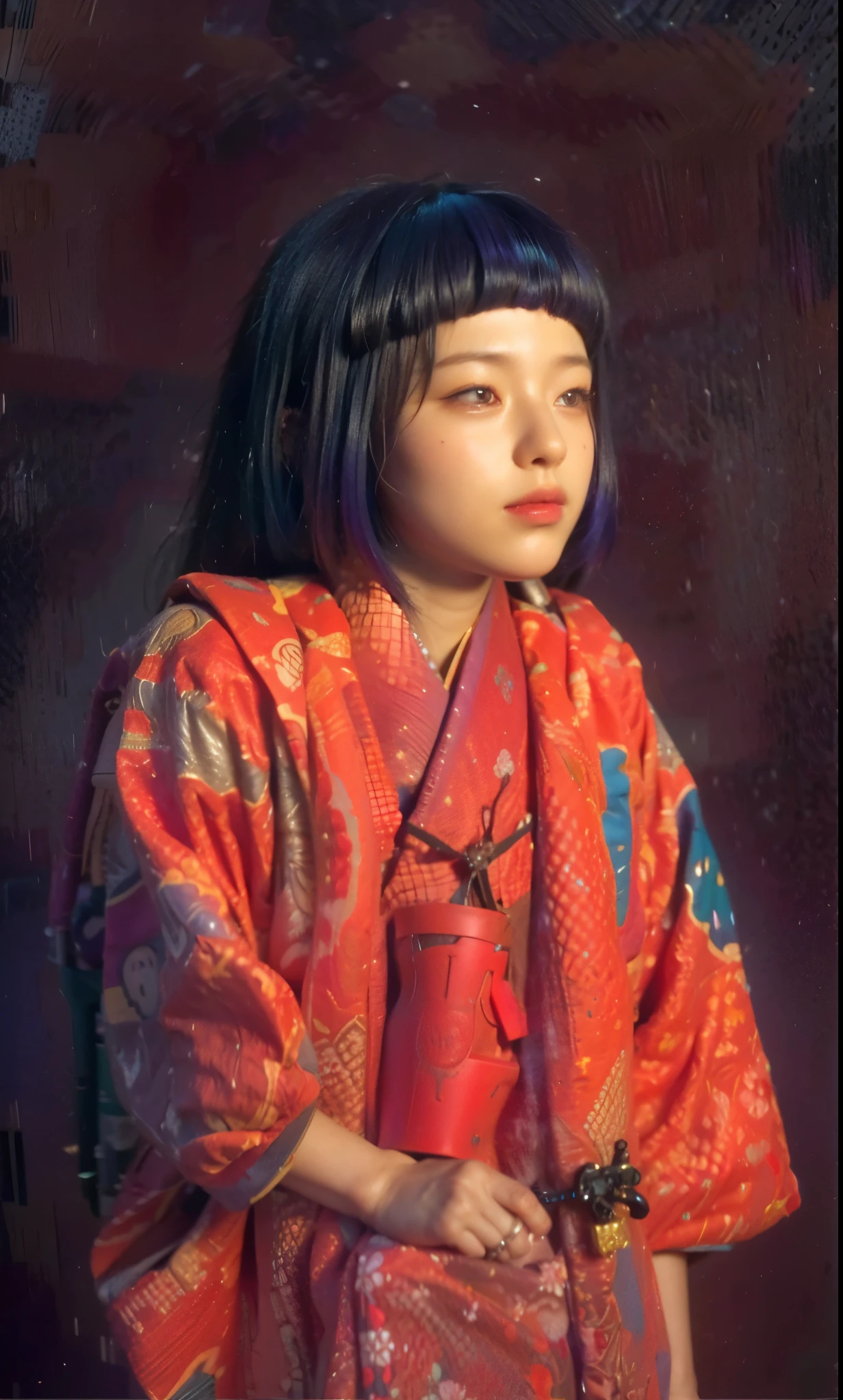 (Completely live action:1.37), (Amazingly realistic textures:1.37), (masterpiece, best quality:1.2), (8k uhd, 16k, 32k, ultra high res), amazingly realistic skin, amazingly realistic photo, superrealism, (photorealistic:1.37), (RAW photo), ultimately realistic, (ultimately realistic all details), (ultimately realistic all textures), super realistic lighting, super realistic shadow, (japanese girl:1.5), ((young face)), smiling, happy, super realistic face, ultimately realistic skin, ultimately realistic eyes, (mascara:1.35)ultimately realistic background, ultimately realistic detail up, kkw-ph1, ((drooping eyes, cyberpunk-style cyborg girl, amazingly intricate details, Anatomically perfect hands, mechanical body, silver knight armor, ultra glossy texture, purple hair))