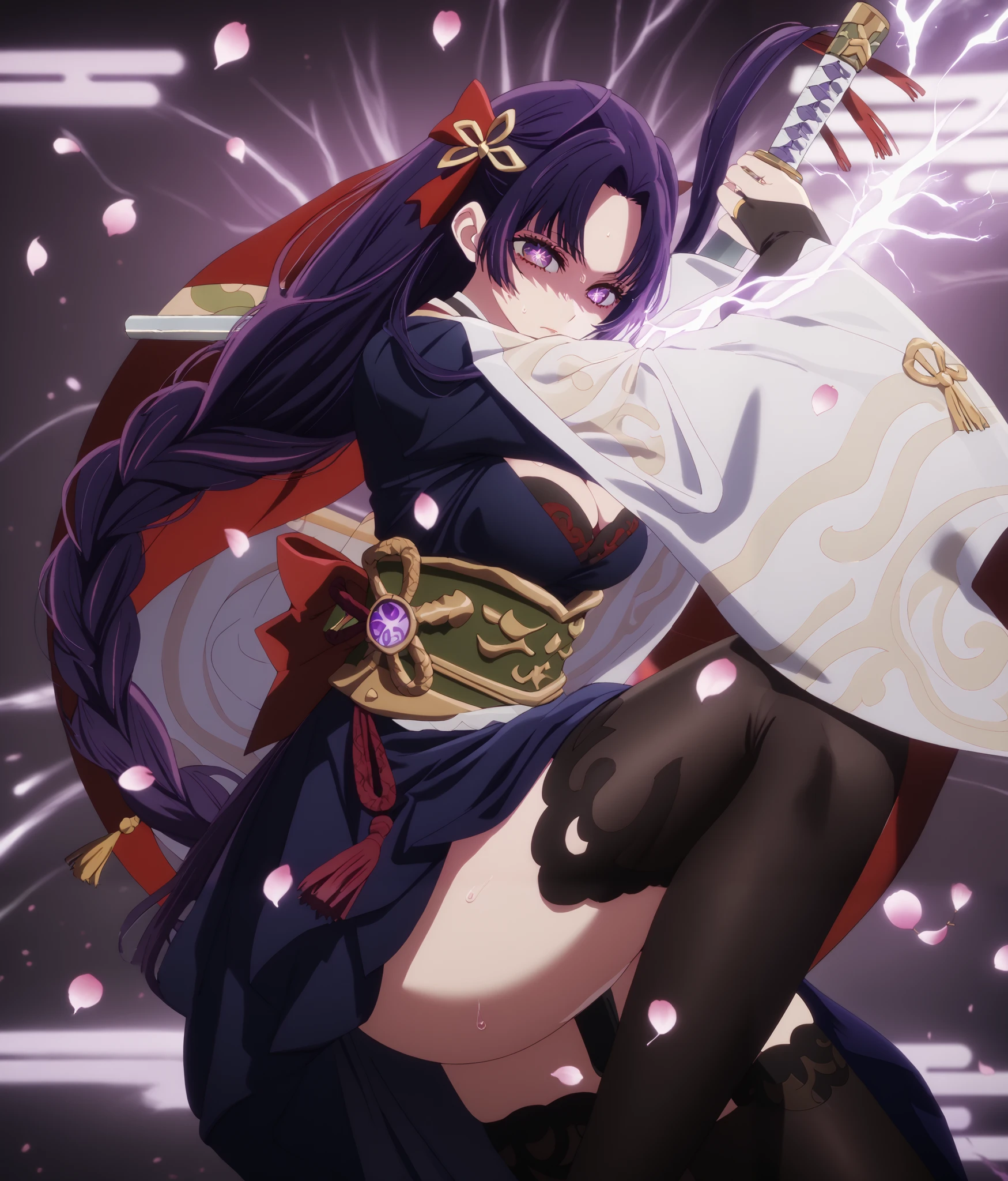 Takahiro style, score_9, score_8_up, score_7_up, score_6_up, uncensored, SHIKOKU_(MATO_SEIHEI_NO_SLAVE), purple hair, purple eyes, slit pupils, long hair, hair bow, red bow, ((parted bangs)), ribbon trim, ((half updo hair)), straight hair, medium breasts, bright pupils, anime coloring, anime screencap, (voluptuous:1.3), (thick:1.3), BREAK UHD, retina, masterpiece, accurate, anatomically correct, textured skin, super detail, high details, high quality, award winning, best quality, highres, 4K, excessive sweating, sweating, sweating drop, (gasping, heavy breathing:1.3), (skindentation:1.2), perfect eyes, beautiful eyes, eyelashes, makeup, detailed body, perfect body, BREAK, 1girl, solo, japanese_clothes, sword, weapon, breasts, holding_sword, kimono, holding_weapon, thighhighs, obiage, musou_isshin_(genshin_impact), purple_flower, looking_at_viewer, obi, holding, sash, flower, tomoe_(symbol), obijime, mitsudomoe_(shape), electricity, cleavage, wide_sleeves, bridal_gauntlets, tassel, closed_mouth, long_sleeves, egasumi, petals, katana, ribbon, falling_petals, purple_nails, drawing_sword, vision_(genshin_impact), purple_thighhighs, shaded face, (aura:1.4)