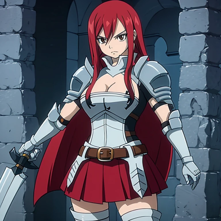 (cordelia fe) in dark alleyway, 1girl, solo, looking at viewer, armor, breastplate, thigh boots, hair ornament, garter straps, dress, skirt, thick thighs, night, rim light, dark theme