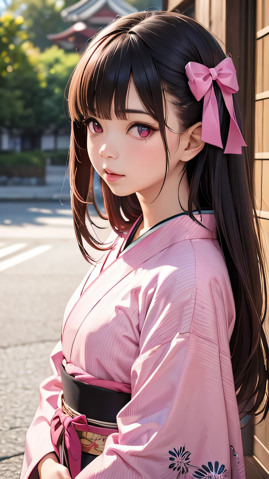 (best quality,4k,8k,highres,masterpiece:1.2),ultra-detailed,(realistic,photorealistic,photo-realistic:1.37),1girl,solo,Tsuko Kamato,bamboo,brown hair,(((pink ribbon))),checkered belt,gag,gradient hair,haori,japanese clothes,kimono,long hair,looking at viewer,pink eyes,pink kimono,pink ribbon