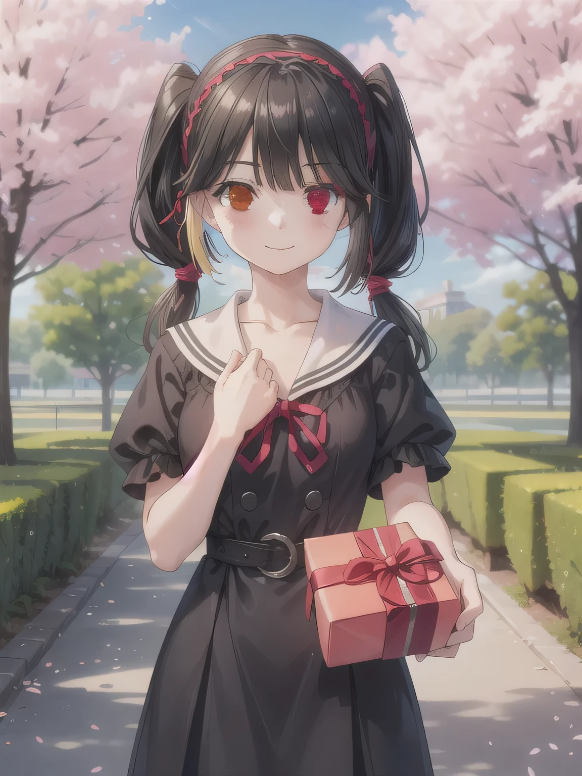 A stunningly beautiful 20-year-old woman stands in a lush green park full of cherry blossoms in full bloom under a clear blue sky. She is wearing a classic sailor uniform and holds a neatly wrapped gift box with a red ribbon in both hands in front of her chest. The box is small, wrapped in decorative paper, and tied with a bow. She looks very happy, with a radiant and joyful expression. long hair, black hair, ( Red Eyes:1.3), ( twin tails:1.5), ( with red eyes:1.3), Hair Band , ( heterochromia :1.5), smile.