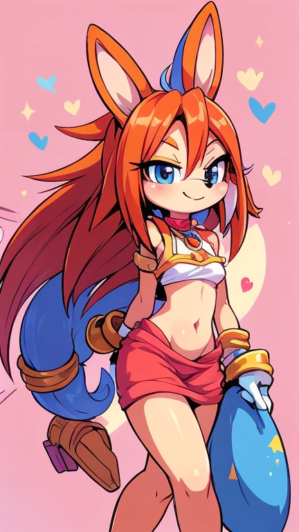 BMaster, red hair, spiked hair, yellow eyes, pointy ears, tail on buttocks with yellow tip, gloves, underboob ,o-ring ,earrings, hair ornament ,black bikini under a blue swimsuit, orange chaps, white hairclip, orange fingerless gloves, 1girl, solo, facing viewer, looking at viewer, grin.
