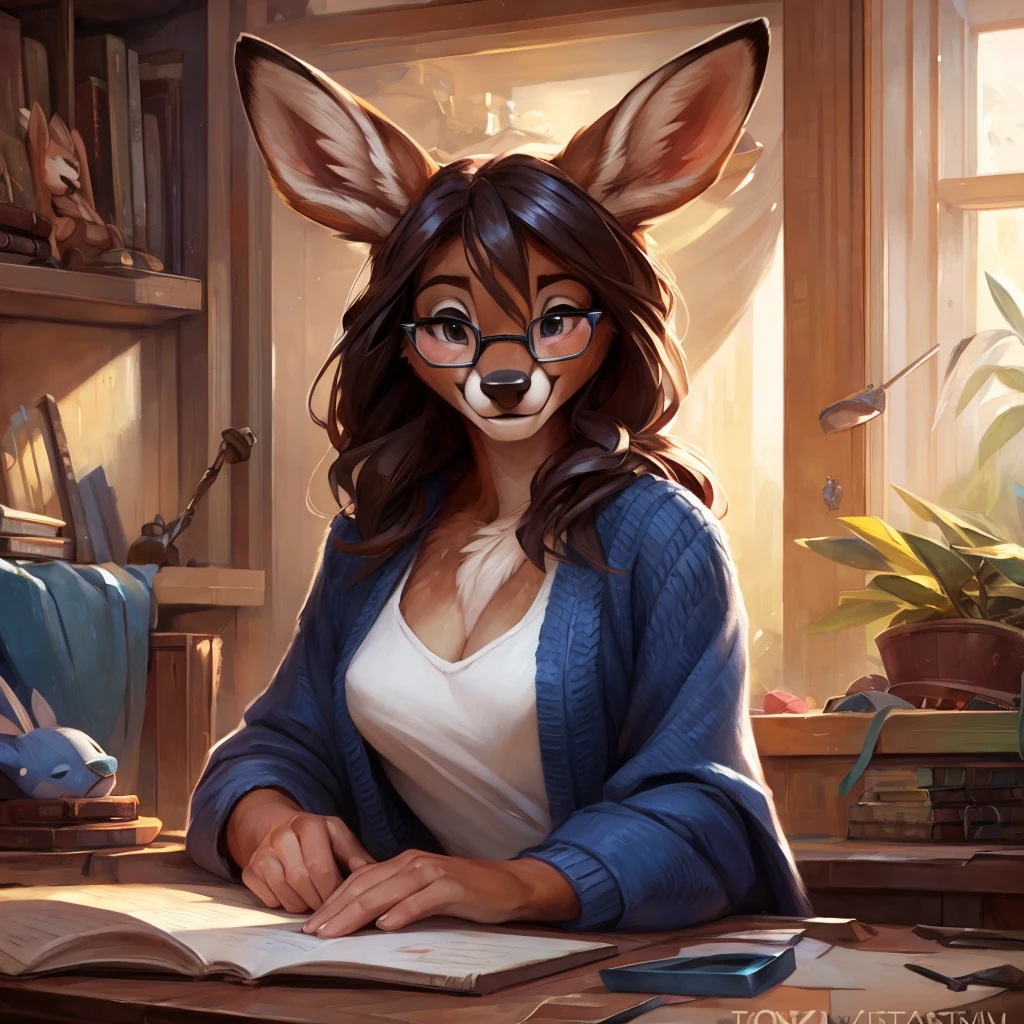 uploaded on e621, by Pixelsketcher, by Bayard Wu, by Thomas Benjamin Kennington , by Einshelm, by hioshiru and kenket, Chunie, portrait, solo anthro female deer doe, with small featureless breasts, clear dark blue, cinematic lighting, day, sunny day, Workspace, sitting at a desk, Workspace background, shiny, shoulder long curly dark brown hair, wears big black nerd glasses, very very beautiful furry art, furry art, smiling, joyful, shiny, happy, feminine, cute face, muzzle, fluffy chest, flawless face, Fallow deer, 1girl, Sakimichan is beautiful, Masterpiece, Wavethesallow Face, shiny, Detailed image, portrait, Detailed image, portrait, full body, wearing wide, long, white blouse, shiny, realistic face, perfect anatomy, hourglass body, (furry body:1.1), anthropomorphic deer, small fluffy tail, detailed background, (cute anatomy:1.1), focused on work, sewing a plushie, working on a plushie, sewing, sewing mashine