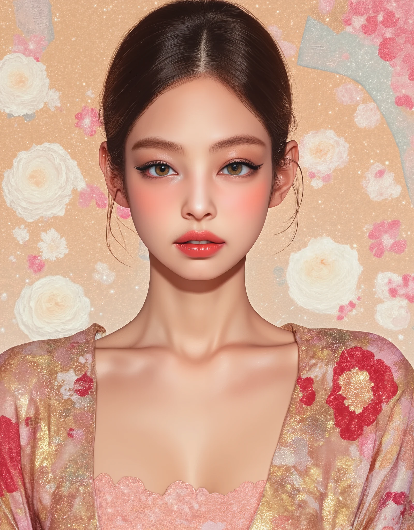 Woman wearing a Japanese yukata. Nouveau Realism, Chillwave, Groovy retro vibes, Girl Portrait and Flowers, Future Girlfriend, retro futuristic, flat Illustration, Electro Madness, Groovy retro vibes, Cross-hatched gradient, feminine art, Artwork made by Frédéric Boilet. ArsMJStyle, Oil Pastels, drawing, Nostalgia elements, Comic book style, experimental design. zavy-dtlnm, jennie kim ,