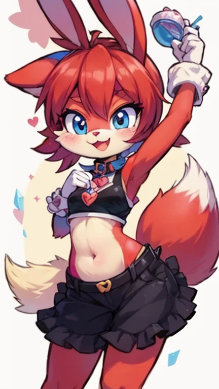 Anthropomorphic male crimson fox, with purple eyes, pink nose, horns, black hears, wearing black deportive shorts, black long bluse, solo, blushed, head down, looking away, shy face, full body, white background, one hand on his back and the other hand holding flowers, shy pose,