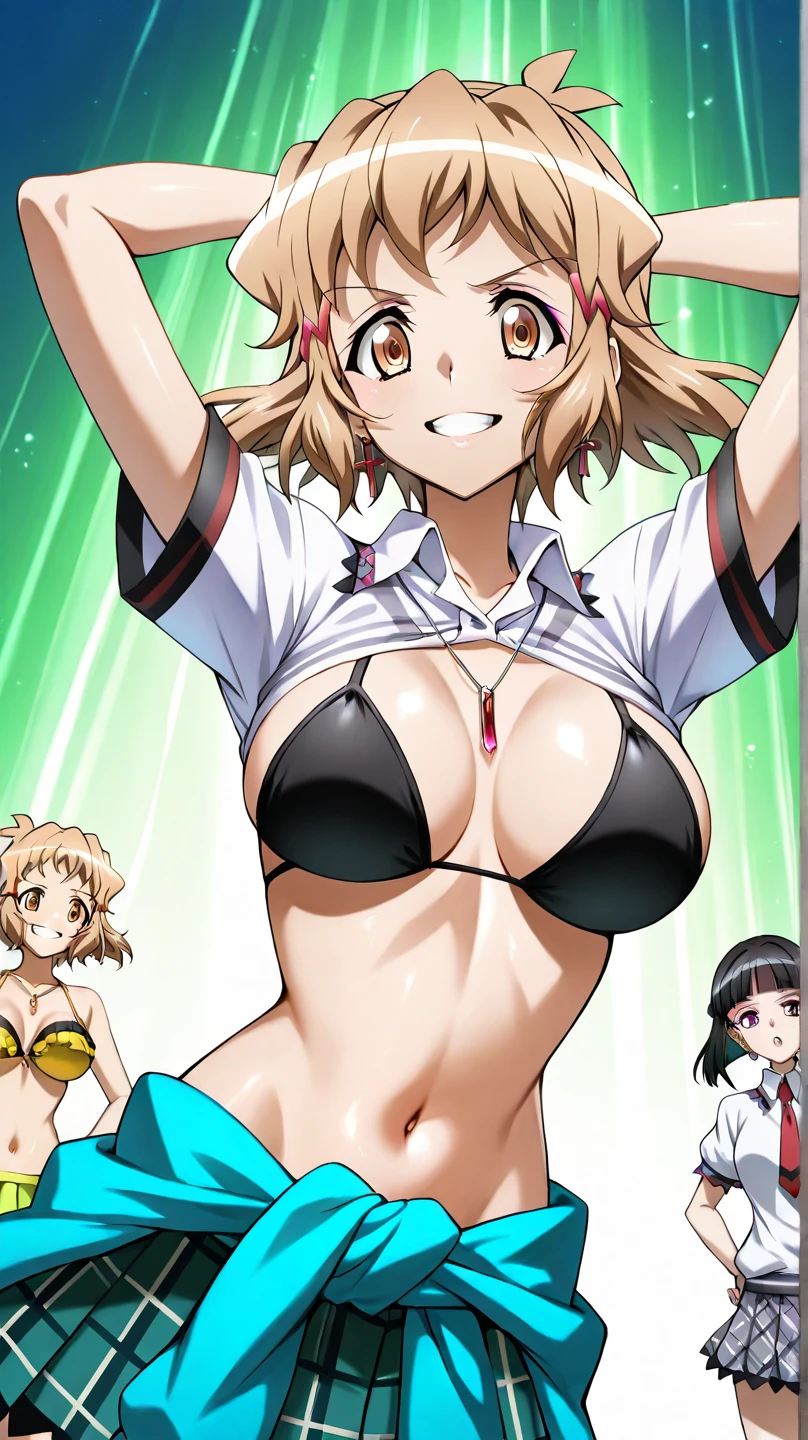 surprised, surprised arms, green transparent background, ((((lightgreen glowing body, glowing bodyskin, glowing nude, glowing nude_only)))), flying in the center, ((masterpiece, best quality)), 1girl, topless, solo, teenager, blonde hair, short hair, long bangs, large breasts, full breasts, highest details, luminous eyes,