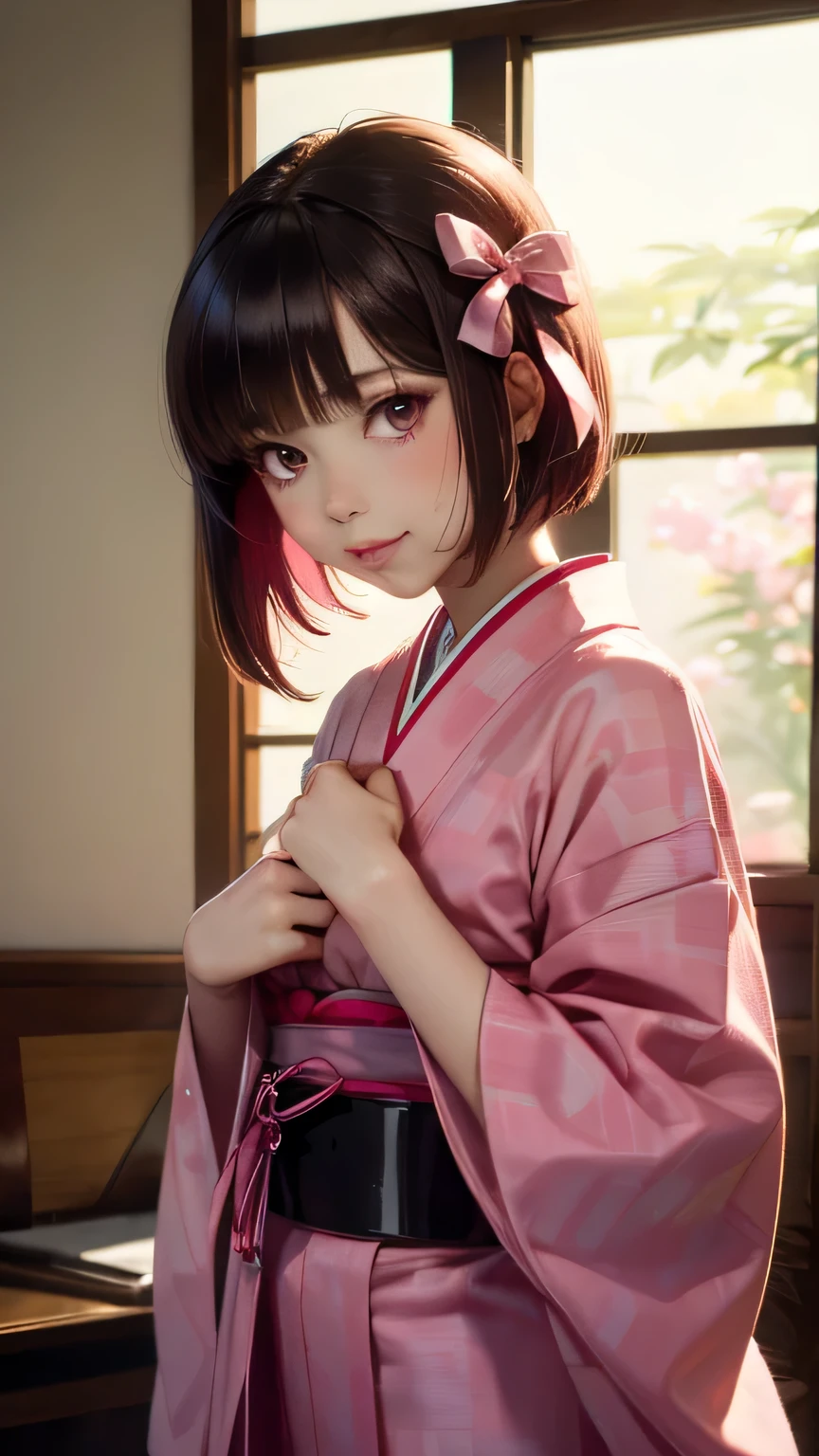 (best quality,4k,8k,highres,masterpiece:1.2),ultra-detailed,(realistic,photorealistic,photo-realistic:1.37),1girl,solo,Tsuko Kamato,bamboo,brown hair,(((pink ribbon))),checkered belt,gag,gradient hair,haori,japanese clothes,kimono,long hair,looking at viewer,pink eyes,pink kimono,pink ribbon