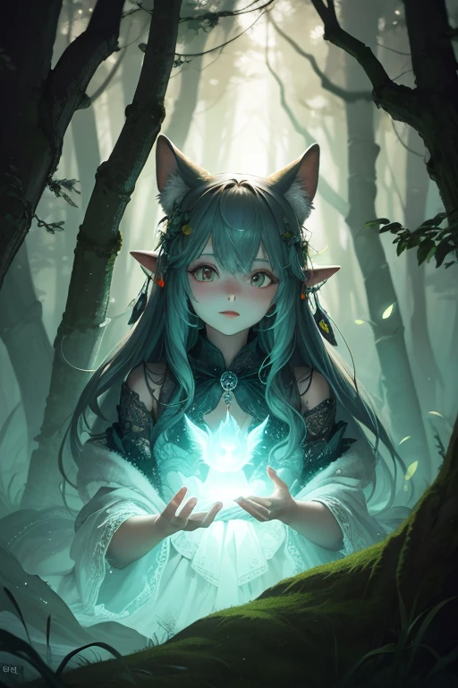 by dsmile9,
1girl , 
extremely beautiful detailed piercing eyes,
1 female druid healing animals in forest. glowing particles, 
beautiful, aesthetic, detailed, beautiful color
amazing quality, best quality, high quality