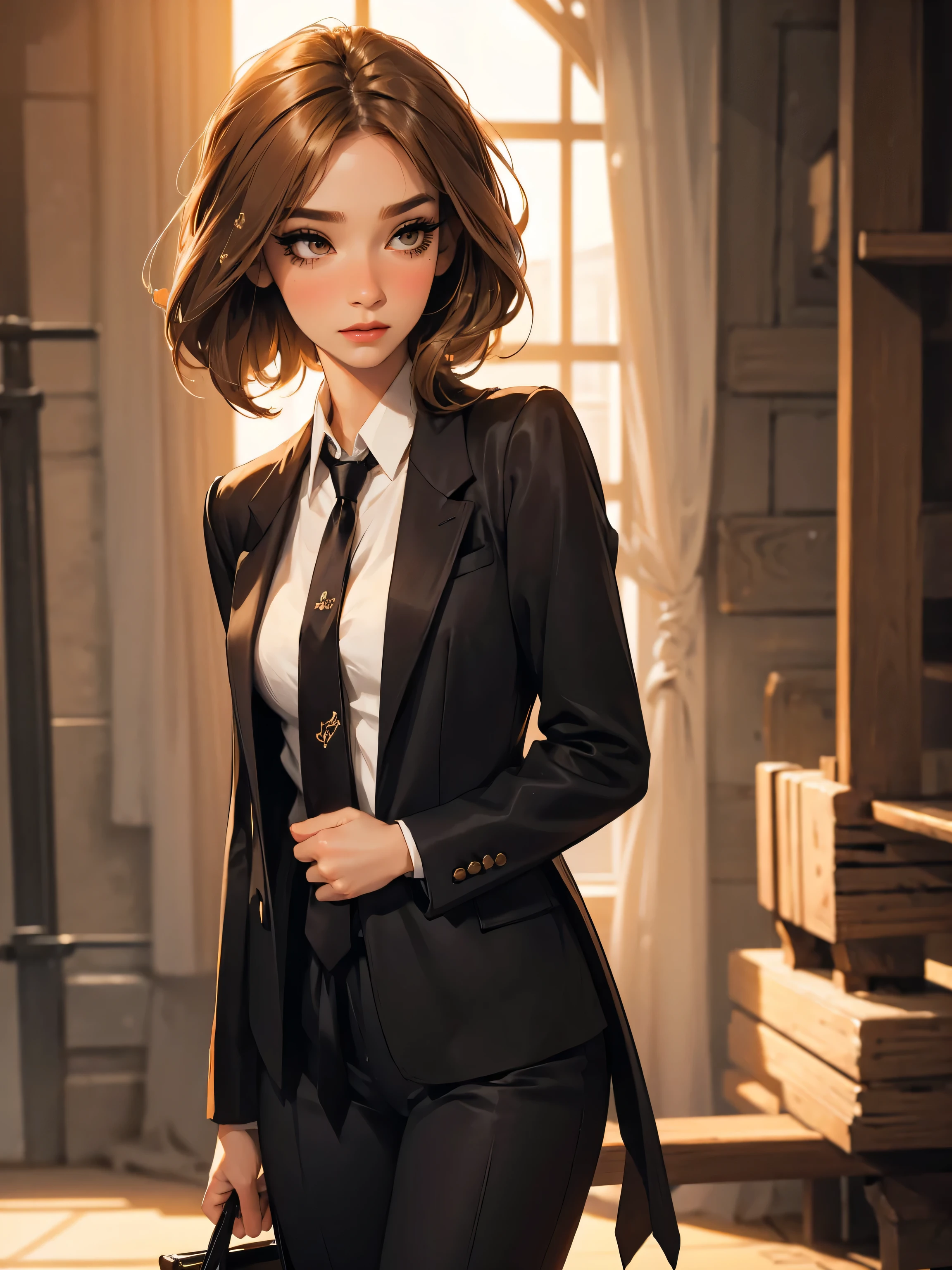 age girl-model 1, (only 1 girl), beautiful, light brown hair, (shoulder length hair), , short glossy hair, pale eyes, beautiful figure, beautiful long legs, , top quality, highest quality, pin-up style, (((suit and tie,))), , dark makeup, small breasts, skinny, slender body, ((mascara, eyeliner, nose blush))),, ninjartist style