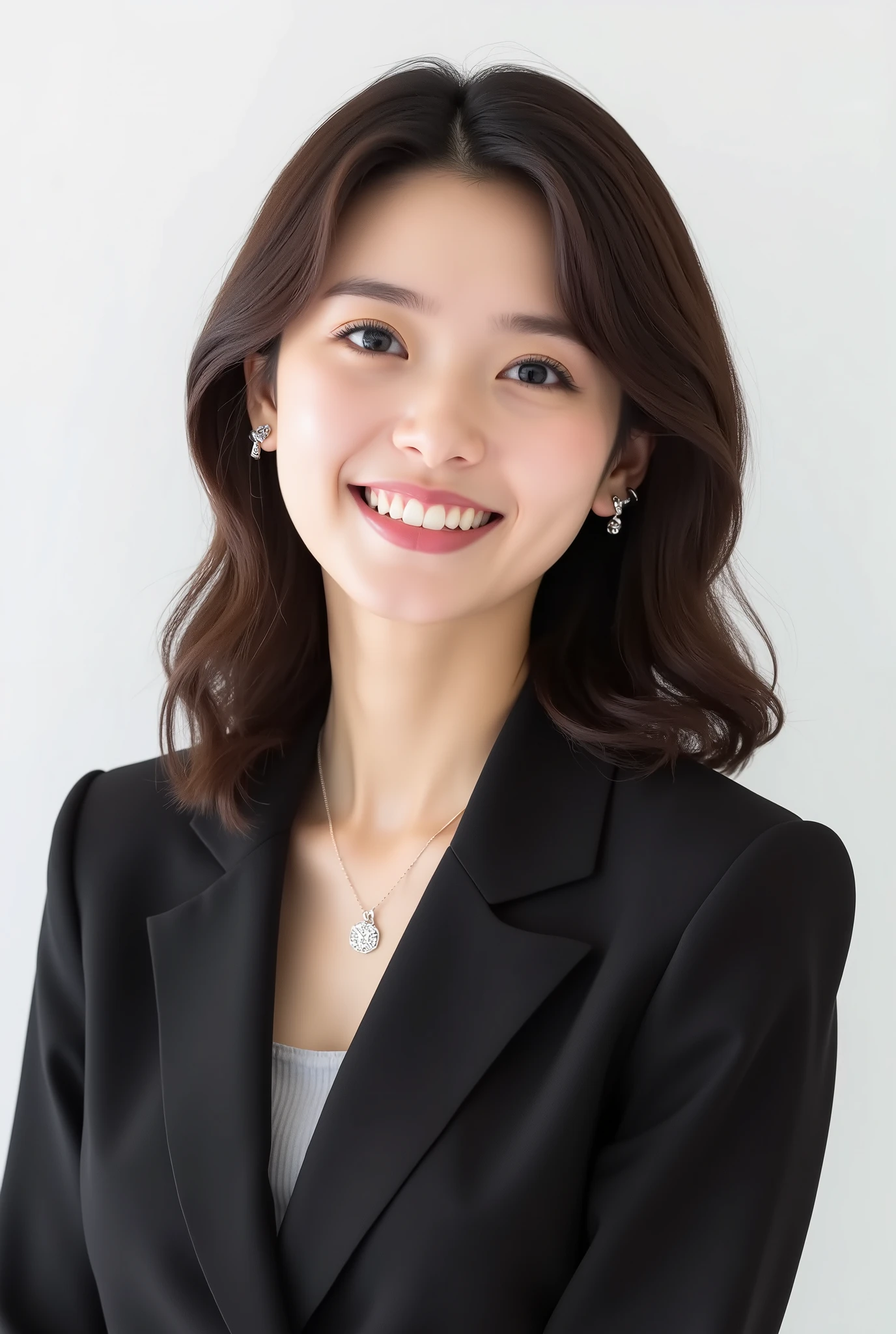 Beautiful Japanese Woman 、、 She is wearing an office lady suit、濃いeyeshadow 、Hairstyle: Medium long、wavy hair 、 Brown Hair 、ear piercing、 smile showing teeth、 necklace、 white backgr