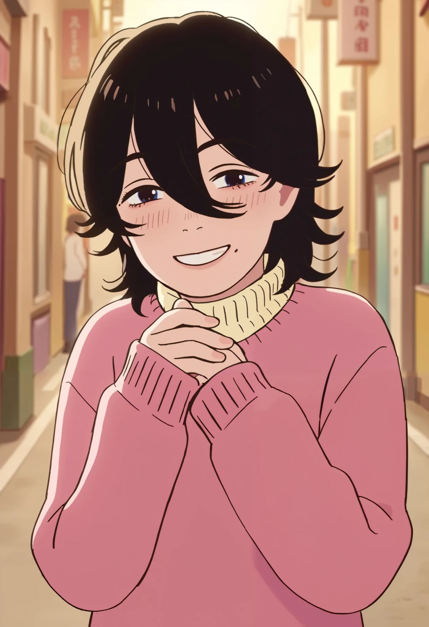 score_9_ up the side  score_8_ up the side  score_7_ up the side,  source_Anime,  1 girl,   black hair,   hair between eyes ,  Mole Under Mouth ,   sweater ,  extended arm, smile
