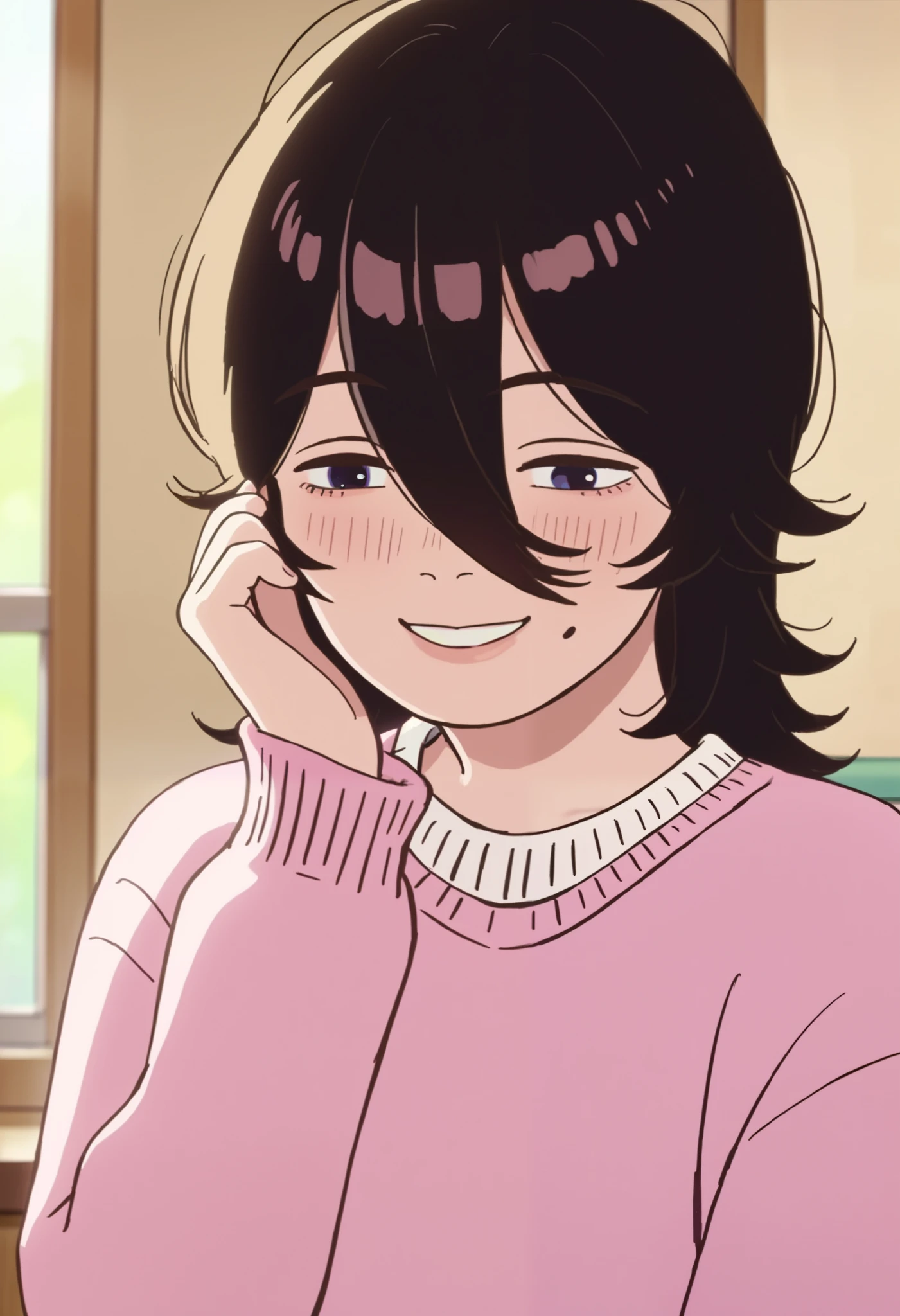 score_9_ up the side score_8_ up the side score_7_ up the side, source_Anime, 1 girl, black hair, hair between eyes , Mole Under Mouth , sweater , extended arm, smile