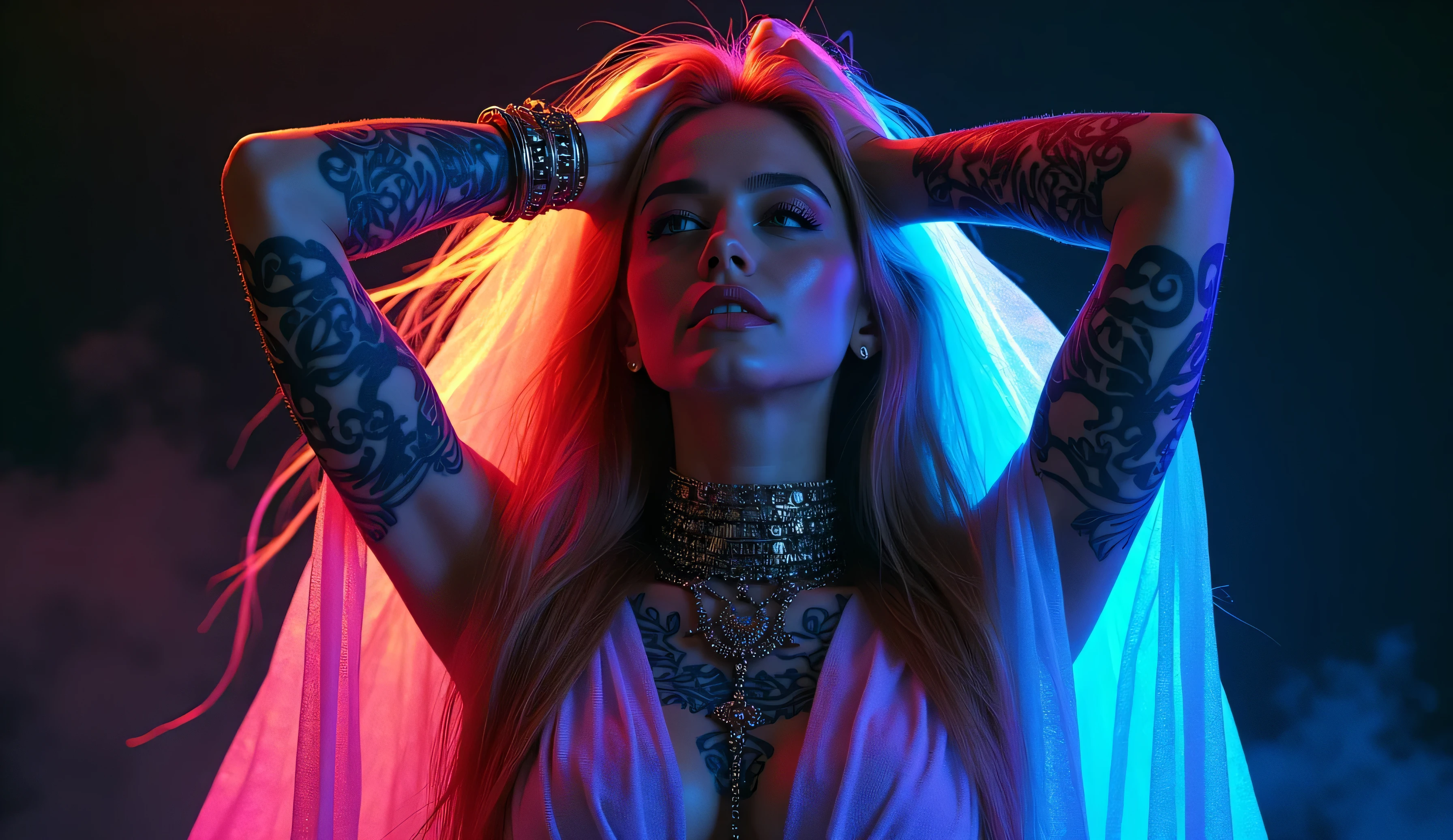 Create an image of the most stunningly gorgeous beautiful perfect sexy tattooed girl, high detailed sexy stunning face, perfect makeup, large lips, lipstick, chains bondage bdsm, long sexy hair, perfec hour glass body figure, detailed silky smooth skin,