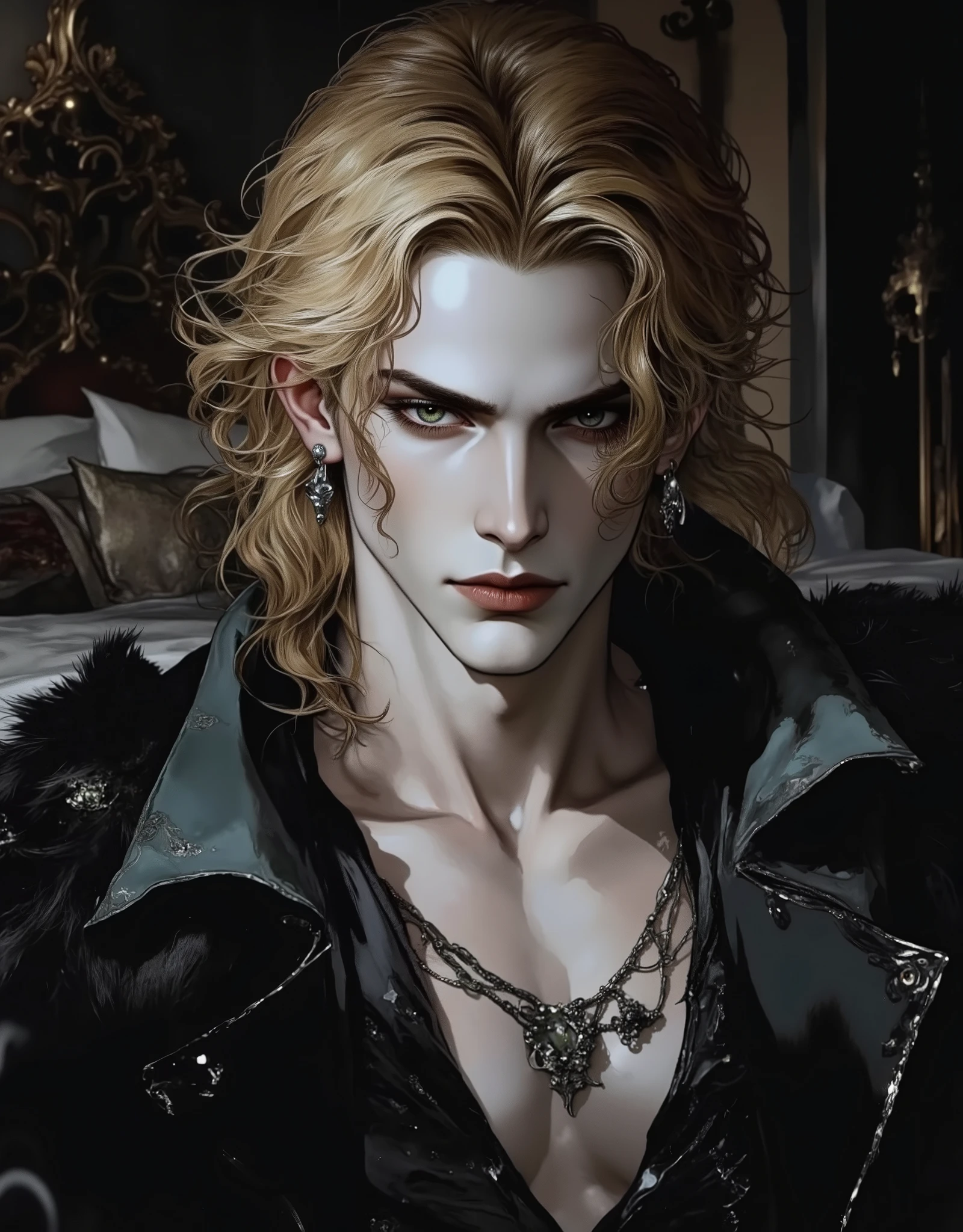 Very High Resolution , high resolution, portrait detailed, HDR, masterpiece, top quality, very detailed face, Delicate Features , male, big chest , 190cm, 90 kg, golden hair, Green eyes, Exotic appearance, ((long hair)), good-looking, sharp eyes, Smiling lips , Bulky, vampire, silver earrings, silver necklace , medieval clothes , dark, night,dark bedroom background