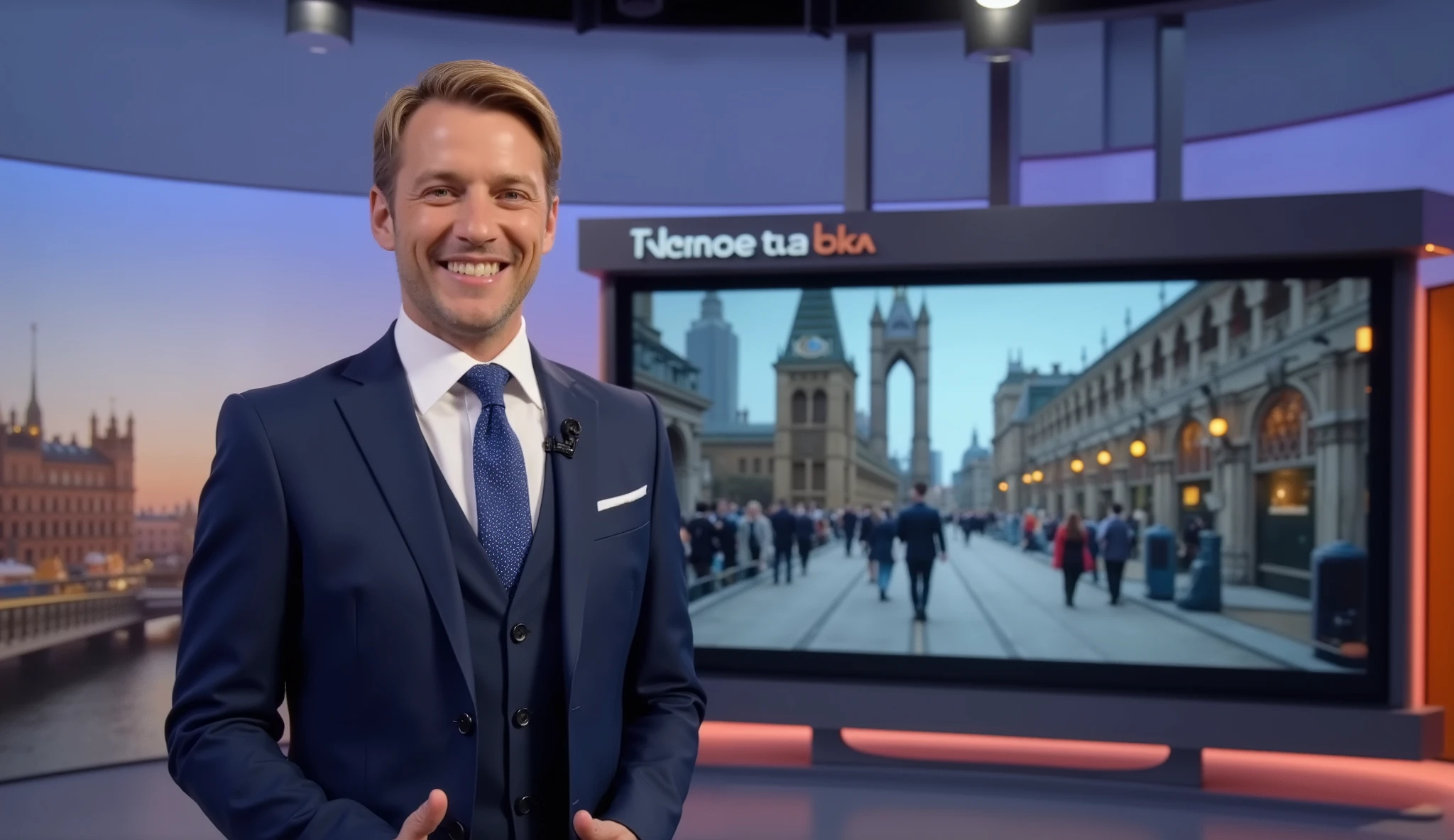 Writing red letter "BBC News", left upper screen ,Front view, Full body, left sanding, right big TV monitor in BBC NEWs, talking news, male New news anchor, 1 beautiful Scottish dandy man ,40-age, (light golden short hair,smile) ,(), (dark blue one button Jacket,, vest, white shirt , blue necktie, Black micro mike), (Dark blue pant, black hi heal) , News BBC Studio, back big monitor in foreign News video, (super detailed, High Details , High Quality , Accurate, anatomically correct , textured skin, beautiful fingers super detailed, High Details , High Quality , High Quality )