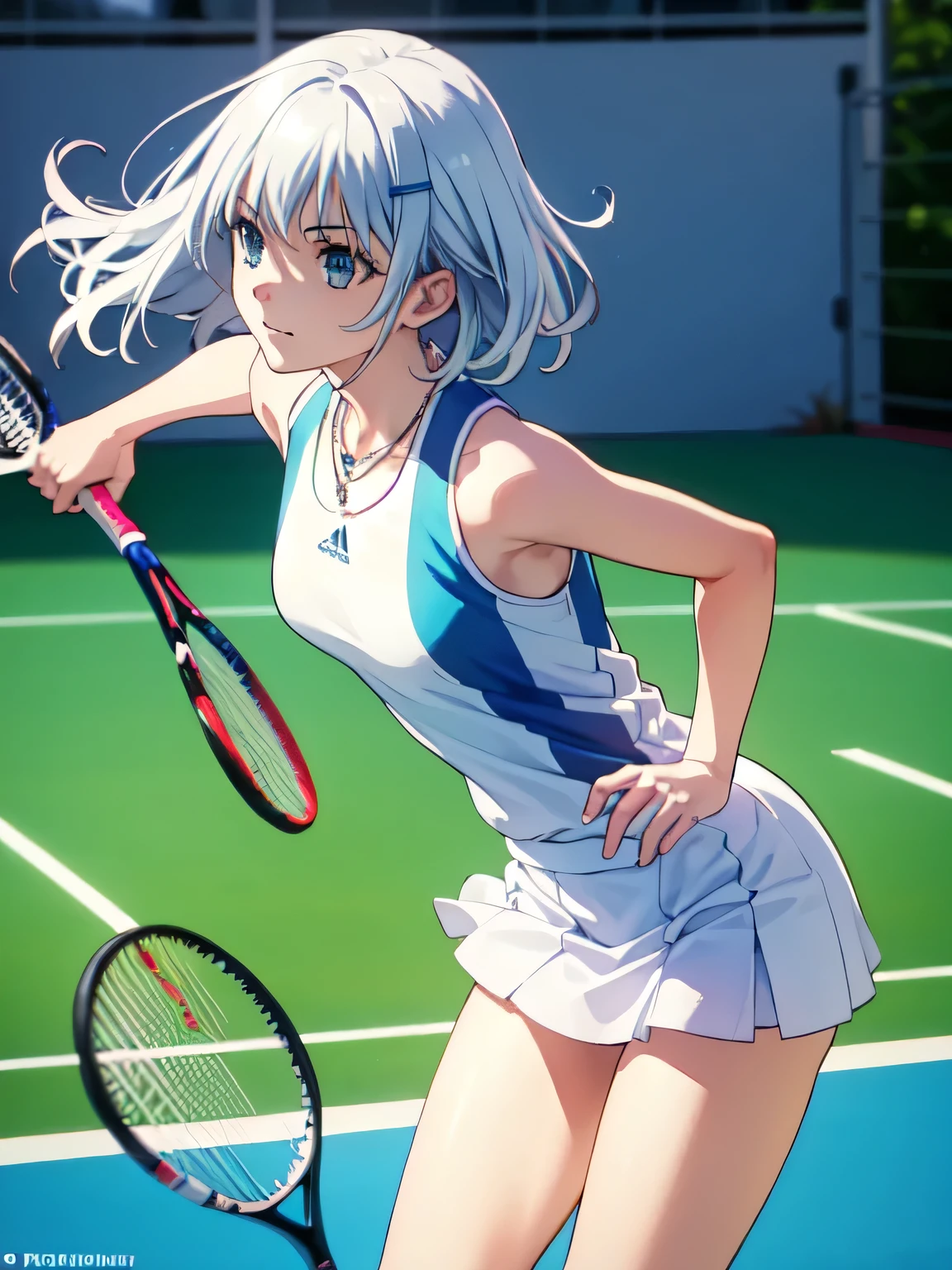 A young female tennis player dressed in a sleek blue tennis outfit stands ready, with her white undergarments visible. gripping her tennis racket with both hands in a poised and focused stance. The sunlight highlights the crisp lines of her attire and the polished strings of the racket. Her determined gaze locks onto an unseen opponent, exuding confidence and anticipation. The lush green grass of the tennis court extends into the distance, framed by a clear blue sky. This dynamic scene captures the perfect blend of elegance, power, and athletic prowess, showcasing her readiness to strike with precision and grace. smiles gently, FRIENDLY. ( RAW photos , top quality ), ( realistic , photo- realistic :1.4), masterpiece, extremely delicate and beautiful, extremely detailed, 2k wallpaper, amazing on the beach, Detailed description, extremely detailed CG unity 8k wallpaper, ULTRA DETAIL, high res, Soft light, beautiful detailed girl looking back, extremely detailed eyes and face, beautiful detailed nose, beautiful detailed eyes, cinematic lighting, Perfect Anatomy, slender body. short hair, blue eyes, hair ornament, Gray Hair, hair clip, necklace.