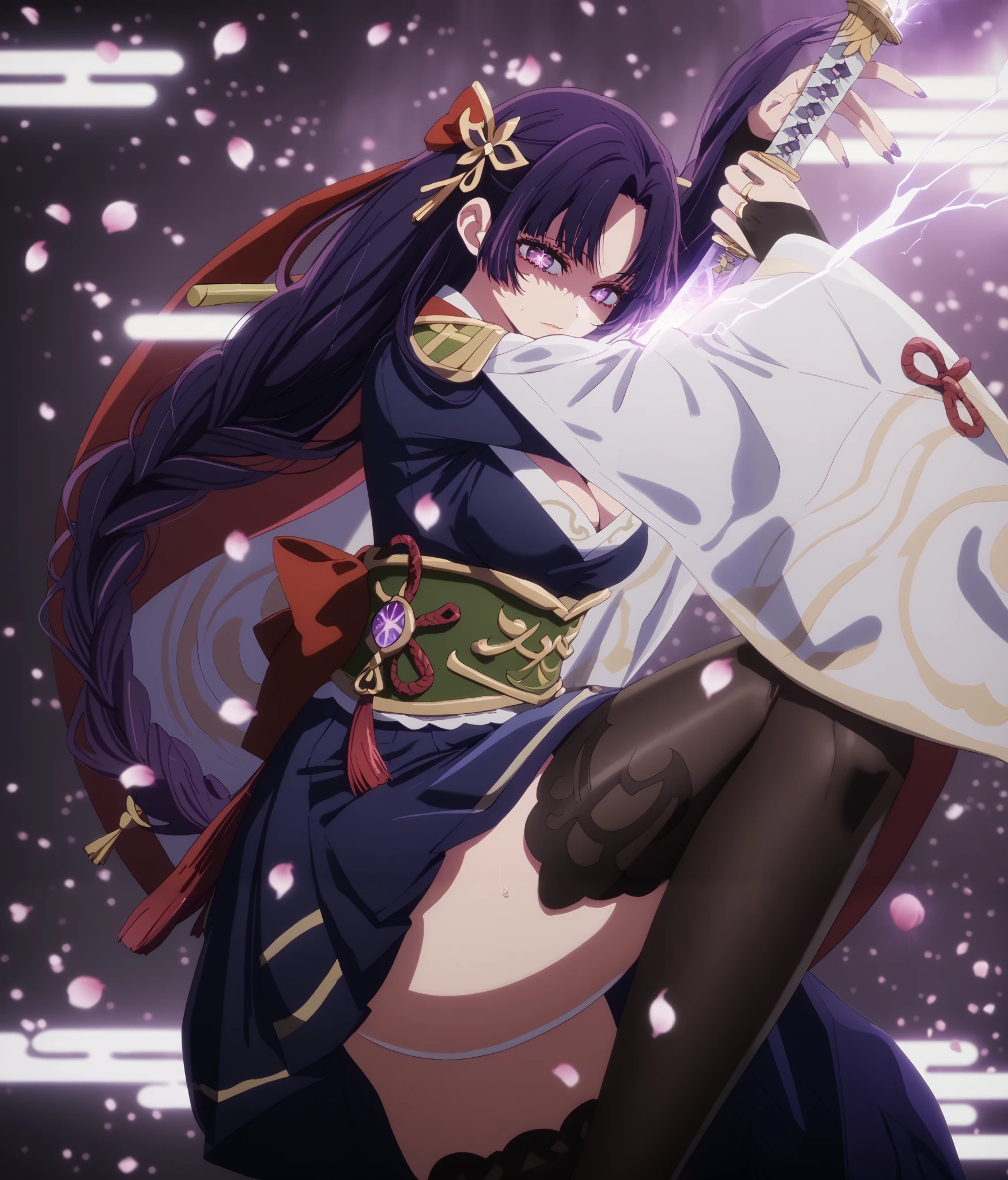 Takahiro style, score_9, score_8_up, score_7_up, score_6_up, uncensored, SHIKOKU_(MATO_SEIHEI_NO_SLAVE), purple hair, purple eyes, slit pupils, long hair, hair bow, red bow, ((parted bangs)), ribbon trim, ((half updo hair)), straight hair, medium breasts, bright pupils, anime coloring, anime screencap, (voluptuous:1.3), (thick:1.3), BREAK UHD, retina, masterpiece, accurate, anatomically correct, textured skin, super detail, high details, high quality, award winning, best quality, highres, 4K, excessive sweating, sweating, sweating drop, (gasping, heavy breathing:1.3), (skindentation:1.2), perfect eyes, beautiful eyes, eyelashes, makeup, detailed body, perfect body, BREAK, 1girl, solo, japanese_clothes, sword, weapon, breasts, holding_sword, kimono, holding_weapon, thighhighs, obiage, musou_isshin_(genshin_impact), purple_flower, looking_at_viewer, obi, holding, sash, flower, tomoe_(symbol), obijime, mitsudomoe_(shape), electricity, cleavage, wide_sleeves, bridal_gauntlets, tassel, closed_mouth, long_sleeves, egasumi, petals, katana, ribbon, falling_petals, purple_nails, drawing_sword, vision_(genshin_impact), purple_thighhighs, shaded face, (aura:1.4)