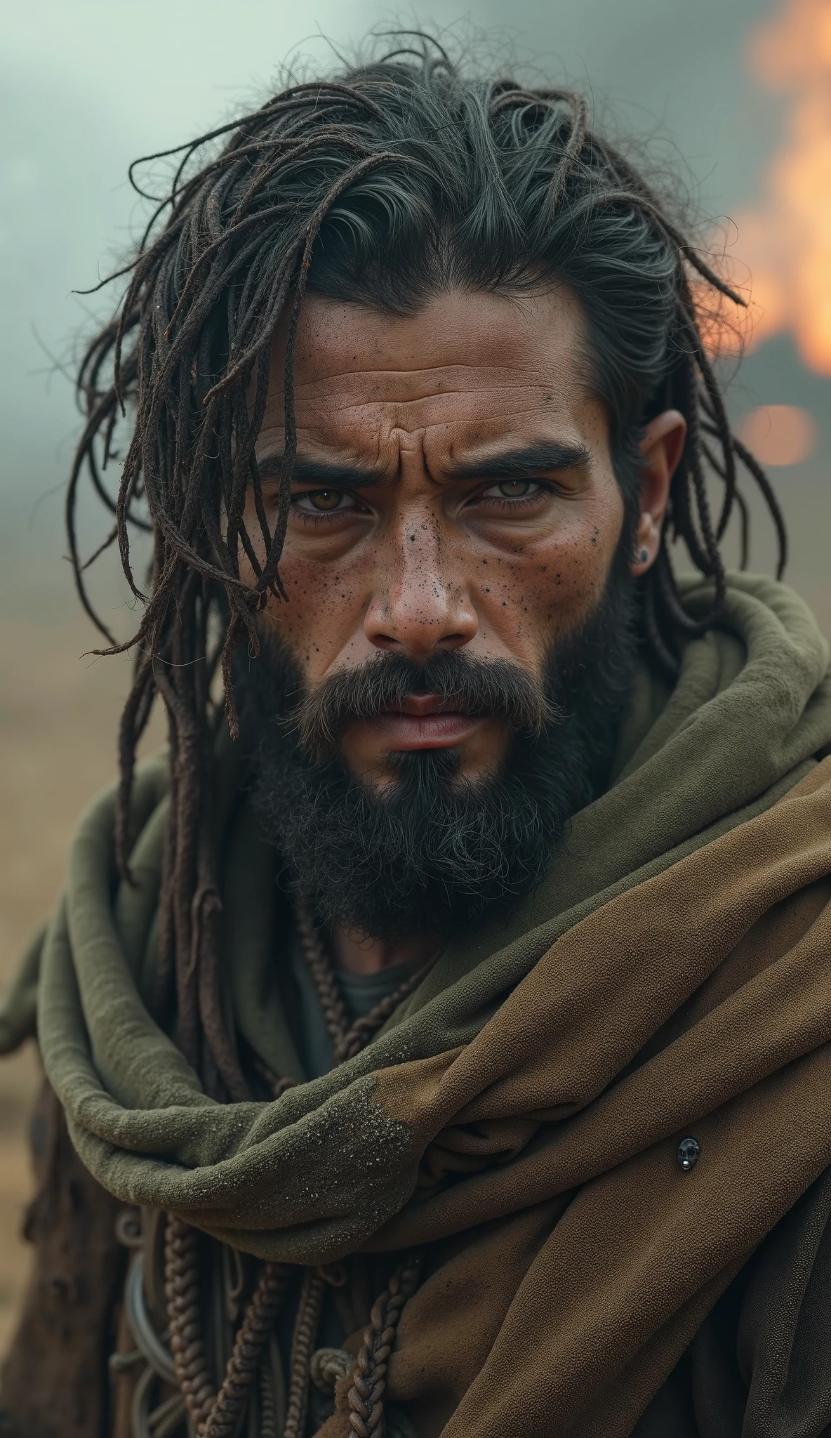 Arafed man with dreads and a beard standing in front of a fire - SeaArt AI