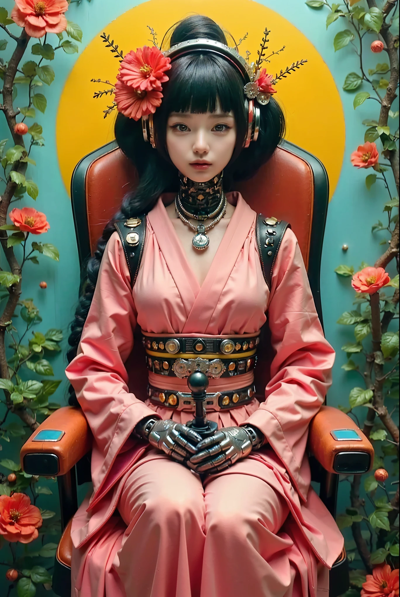 (Completely live action:1.37), (Amazingly realistic textures:1.37), (masterpiece, best quality:1.2), (8k uhd, 16k, 32k, ultra high res), amazingly realistic skin, amazingly realistic photo, superrealism, (photorealistic:1.37), (RAW photo), ultimately realistic, (ultimately realistic all details), (ultimately realistic all textures), super realistic lighting, super realistic shadow, (japanese girl:1.5), ((young face)), smiling, happy, super realistic face, ultimately realistic skin, ultimately realistic eyes, (mascara:1.35)ultimately realistic background, ultimately realistic detail up, kkw-ph1, ((drooping eyes, cyberpunk-style cyborg girl, amazingly intricate details, Anatomically perfect hands, mechanical body, silver knight armor, ultra glossy texture, purple hair))
