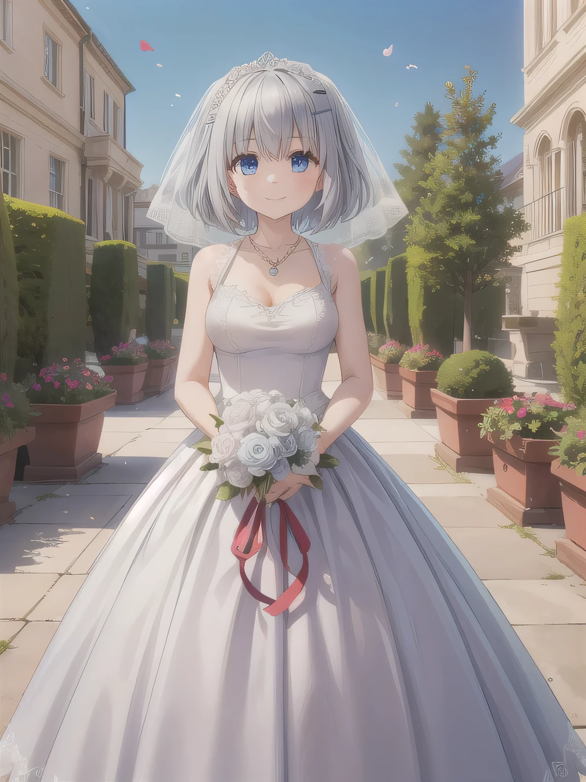A stunningly beautiful 20-year-old woman standing in the courtyard of a luxurious mansion under a clear blue sky. She is wearing a white and blue wedding dress and holds a red bouquet with both hands in front of her chest. She looks very happy, with a radiant and joyful expression. short hair, blue eyes, hair ornament, Gray Hair, hair clip, necklace.