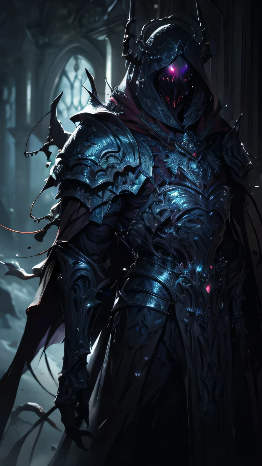 a corrupted humanoid monster, undead dark knight, arc heretic, dark fantasy, demonic armor, detailed armor, intricate details, dark metallic textures, glowing eyes, sharp claws, twisted and deformed body, ominous atmosphere, dramatic lighting, cinematic composition, moody color palette, haunting and ominous presence, masterpiece, ultra-detailed, realistic, photorealistic