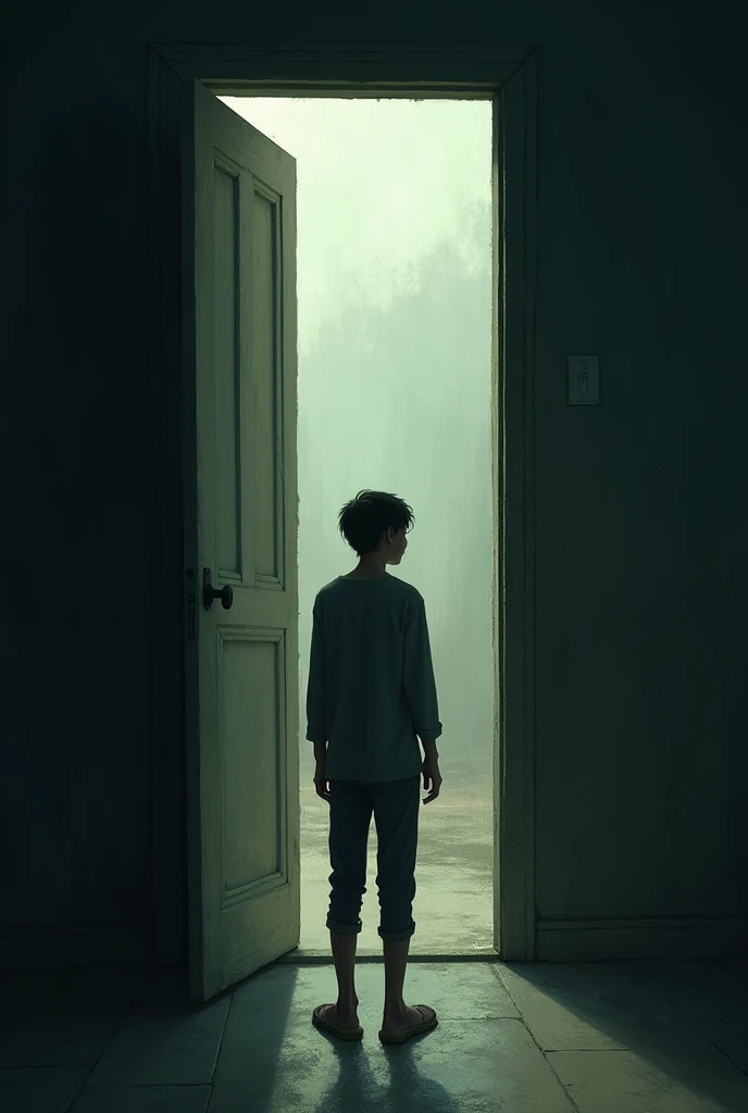 A tall boy walks into a room