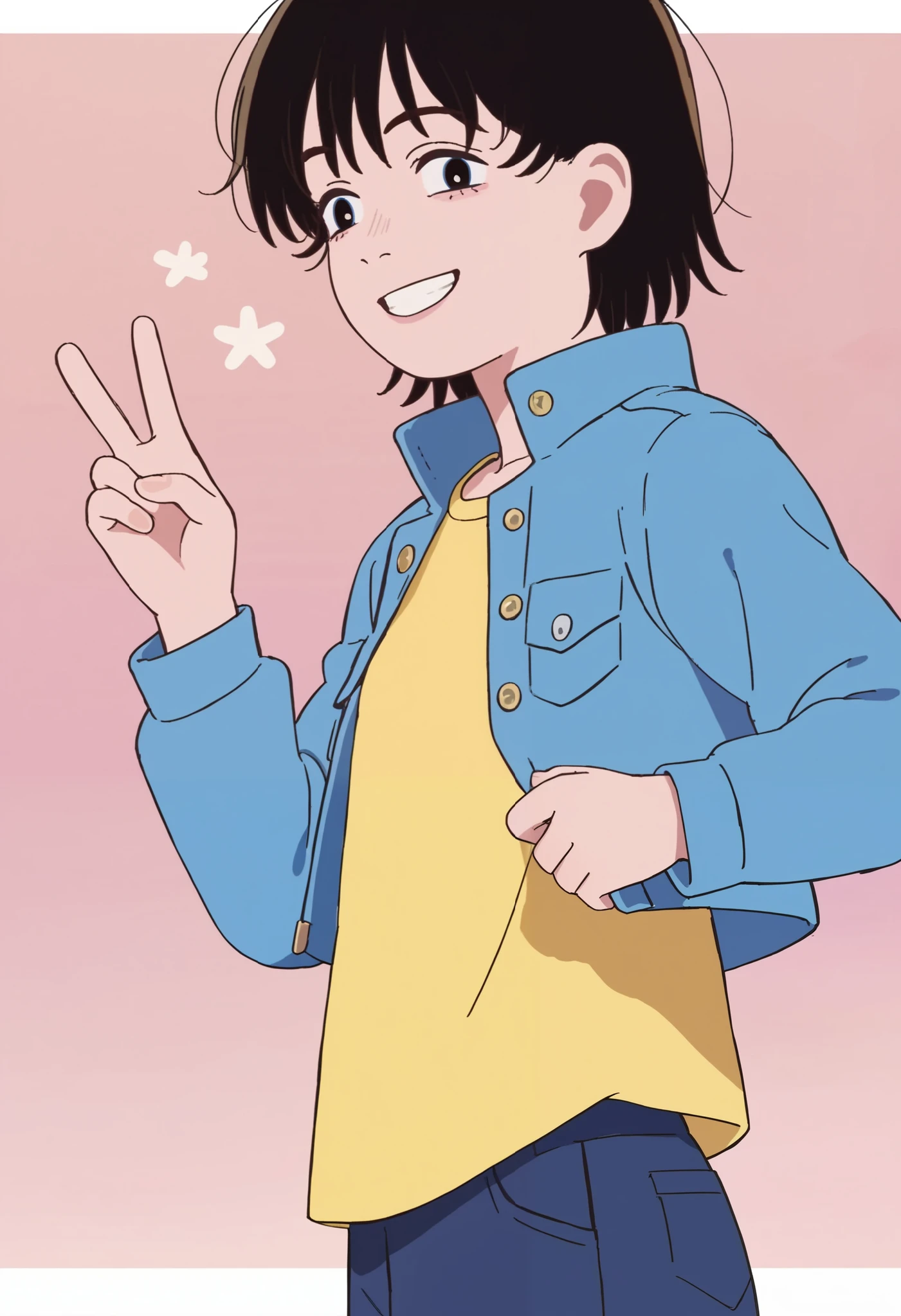  score_9_ up the side  score_8_ up the side  score_7_ up the side,  source_Anime,  1 girl,   black hair,  short hair, v, smile,  blue jacket ,   yellow shirt
