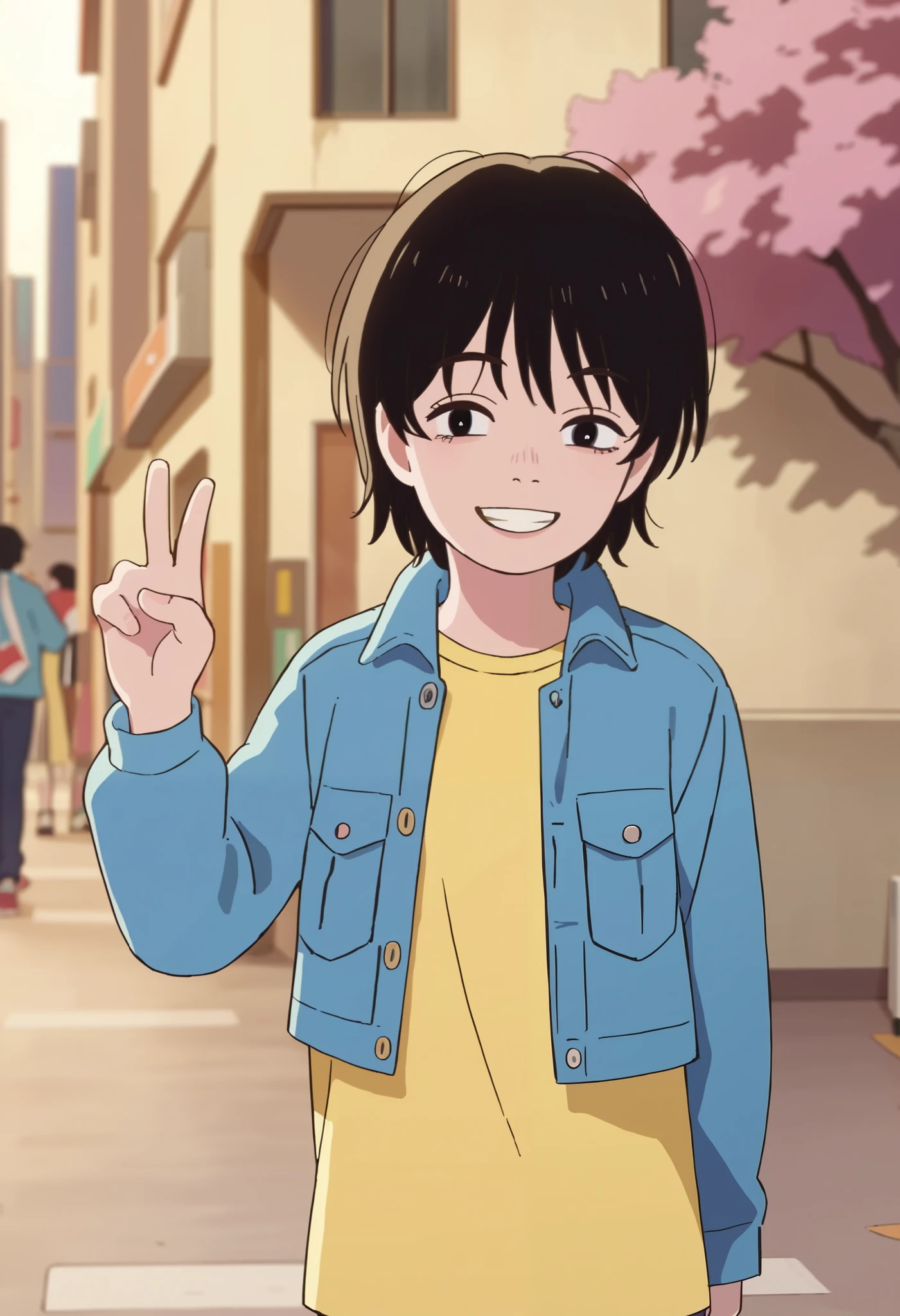  score_9_ up the side  score_8_ up the side  score_7_ up the side,  source_Anime,  1 girl,   black hair,  short hair, v, smile,  blue jacket ,   yellow shirt
